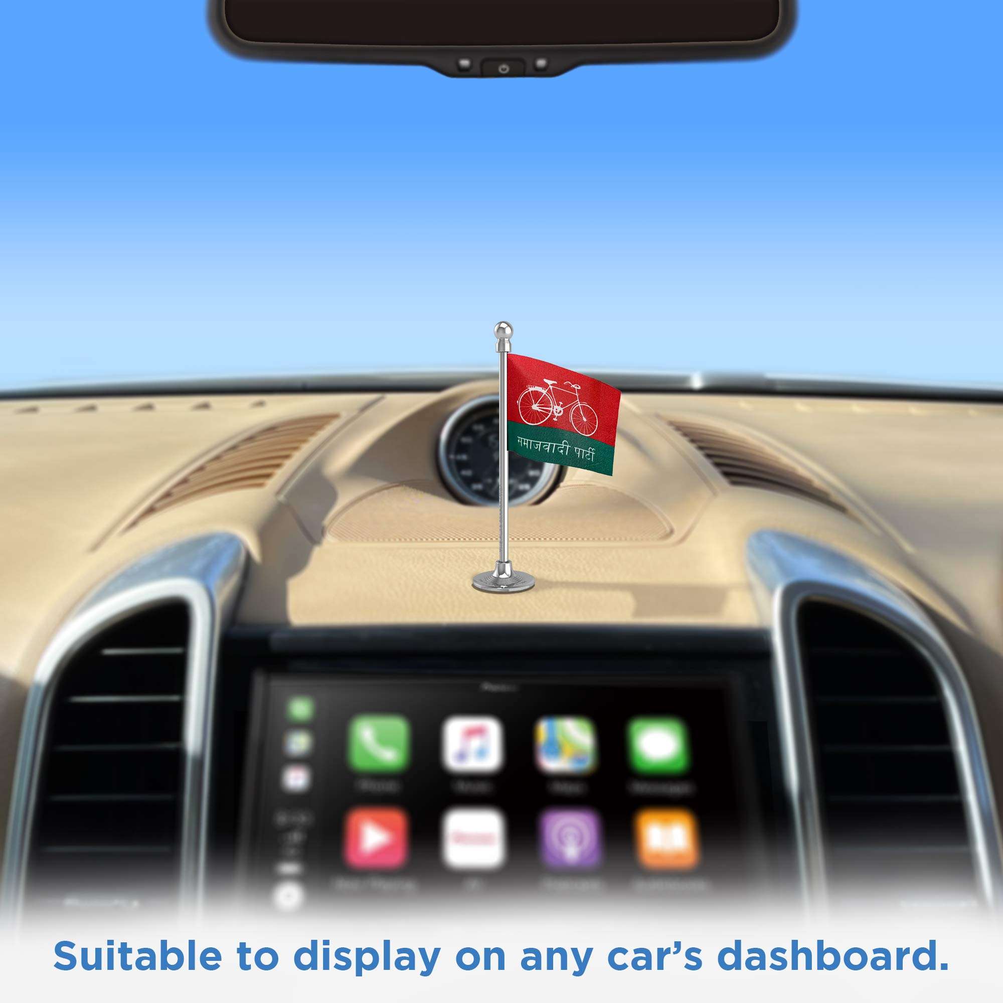 The Flag Corporation Samajwadi Party SP Car Dashboard Flag 2in x 3in With A Plastic Liquid Chrome Base 3