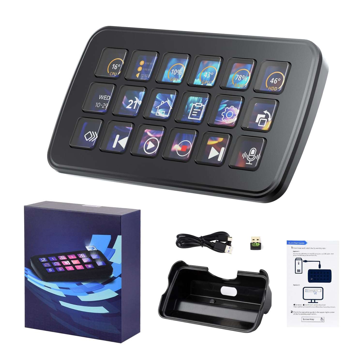 Waveshare SK18 Multi-Functional AI Voice Control Panel, Onboard 18 × Membrane LCD Macro Keys, Supports Linux + QMK Dual-System Architecture and AIDA64 1