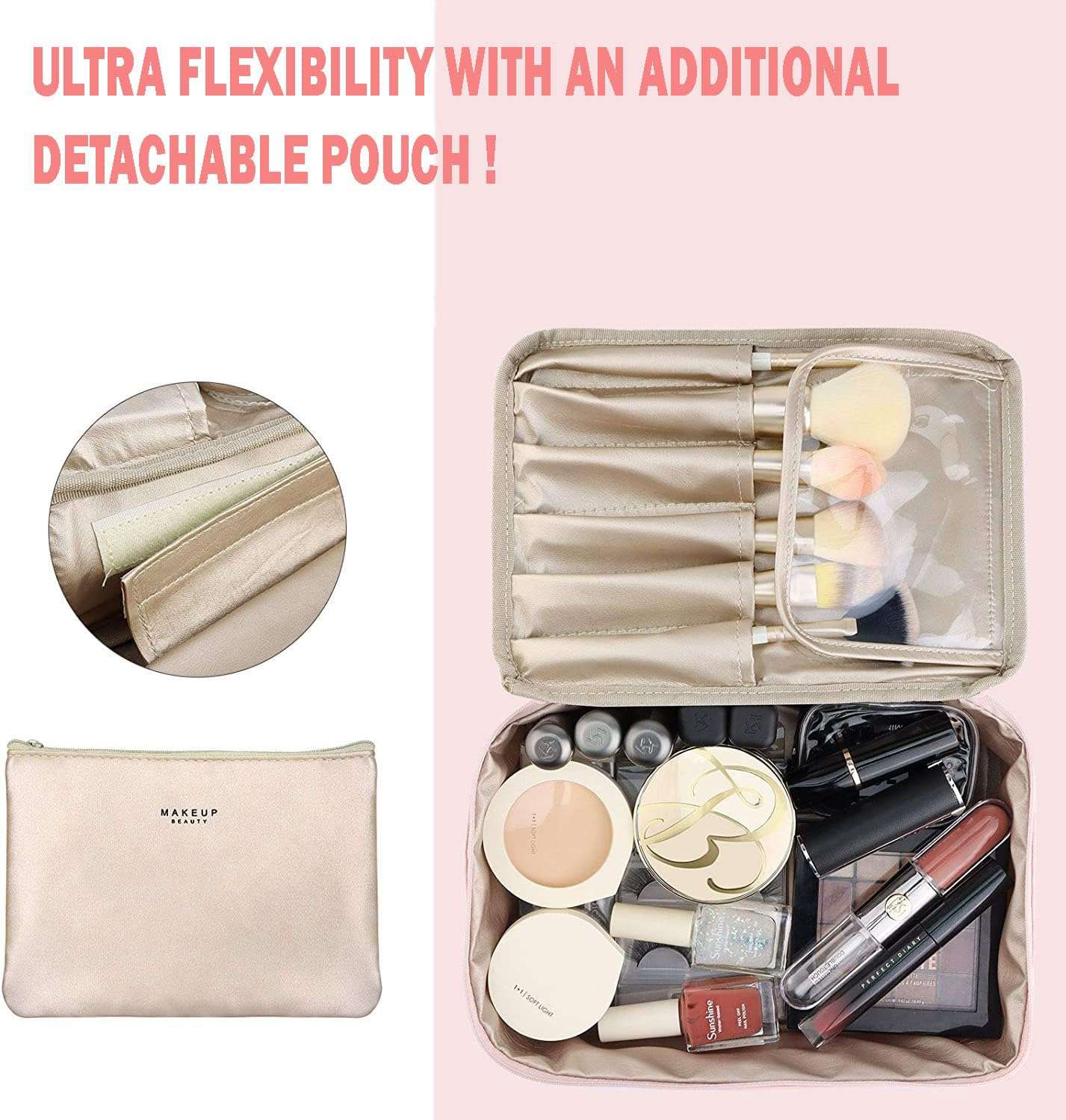 WEMOL Small Travel Fashion Cosmetic Organizer Bag with Detachable Pouch, Super Soft Makeup Organiser Bag for Brushes, Toiletries, Cosmetics Items for Women (Pink) 5