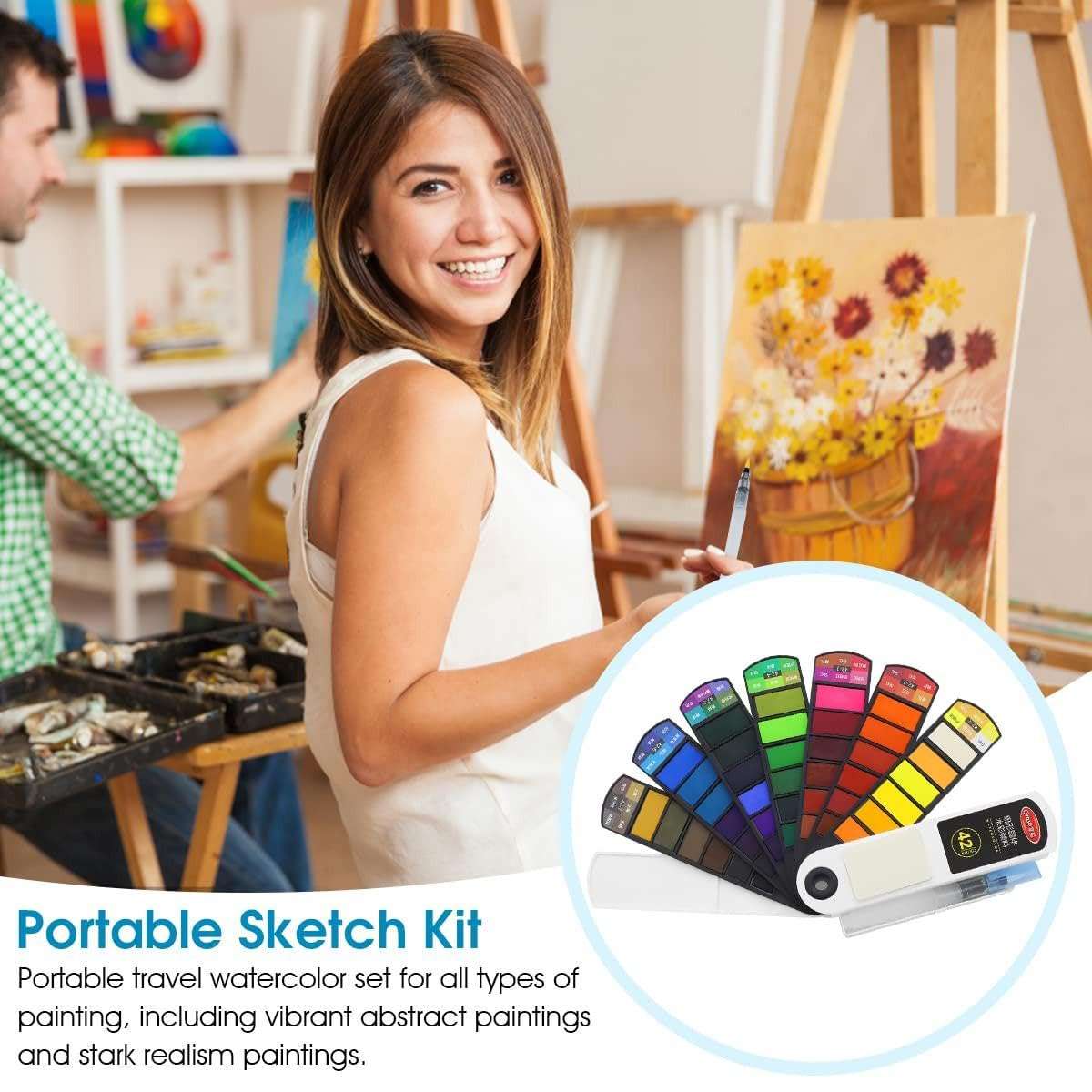 KRIDHA CREATION 42-Color Foldable Solid Watercolor Paint Set | Refillable Water Brush Pen & Absorbent Sponge | Travel Watercolor Set for Students, Beginners & Artists (Black Case) 5