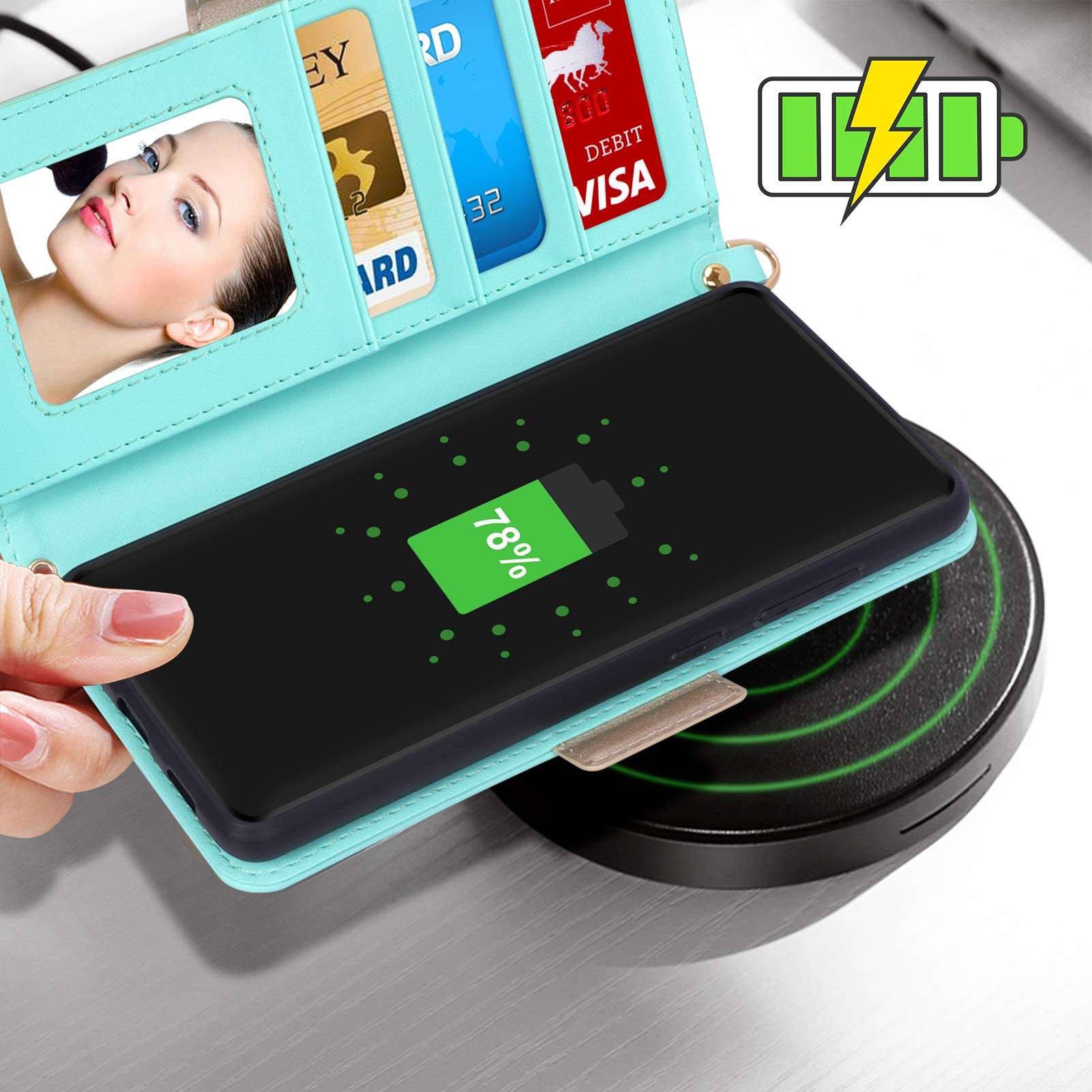 WWW Wallet Case for Samsung Galaxy S20 FE 5G 6.5",[Luxurious Romantic Carved Flower] Leather Wallet Case with [Inside Makeup Mirror] [Card Holder Slots] for Samsung Galaxy S20 FE 5G (2020) Mint Green 6