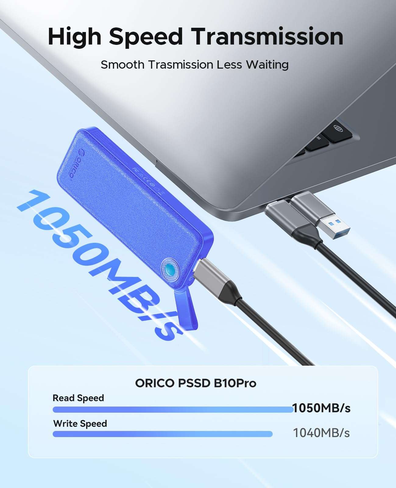 ORICO 512GB External SSD, Up to 1050MB/s, Compact with 2 in 1 USB C & A Cable, External Solid State Drives, Reliable Storage for USB C Smartphone, Tablet, PC - B10PRO 3