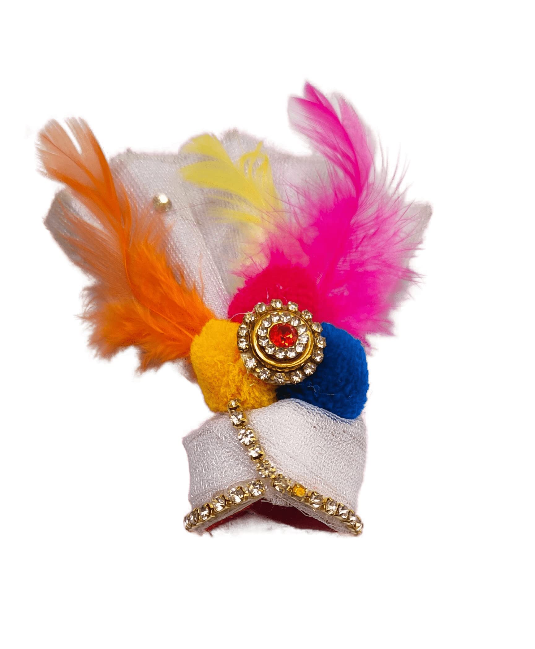 KRISHFEB Soft Fabric Laddu Gopal Net Mukut with Mor Pankh || Colorful Bal Gopal Kanha Ji/Thakur Ji Janmashtami Special Peacock Feather Turban for Your Deity (White, Size-02)
