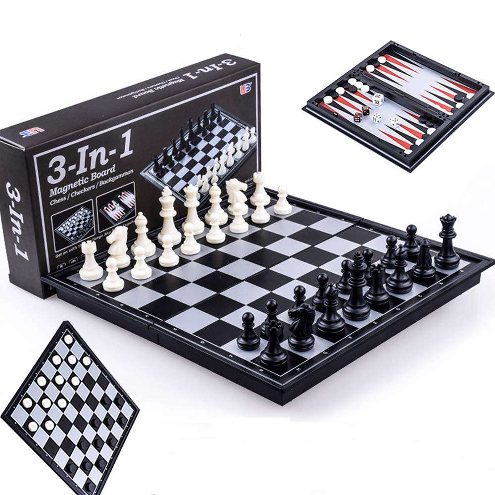 Chess ZCQS Chess Set 9.8 x9.8 Inches 3 in 1 Magnetic Travel Chess Set Checkers Toys Gift Chess Boards Game Set Backgammon Set with Folding Chess Board Educational Toys for Kids and Adults 1