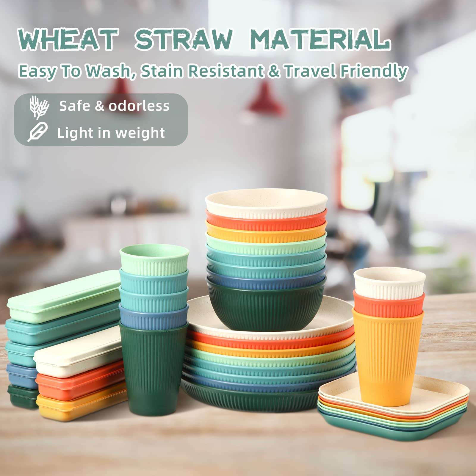 Sets of 8 Wheat Straw Dinnerware (64 Pcs) Microwave Safe Unbreakable Plates Bowls Cups Sets with Cutlery Utensils Colored Lightweight Plastic Dinnerware for Kids Adults Camping Picnic Dorm RV Kitchen 5