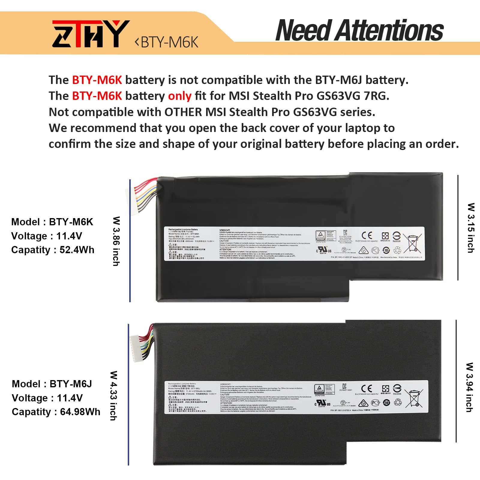 BTY-M6K Battery Replacement for MSI GS63VR GS73VR 7RG Stealth Pro GF63 Thin 8RB 8RC 8RD 9SC GF75 3RD 8SC 8RD 8RX GF65 9SE 10SD 9SD 10SE GS73 8RF WS63 8SK 8SL WP65 WF65 WF75 Bravo 15 17 A4DCR A4DDR 4