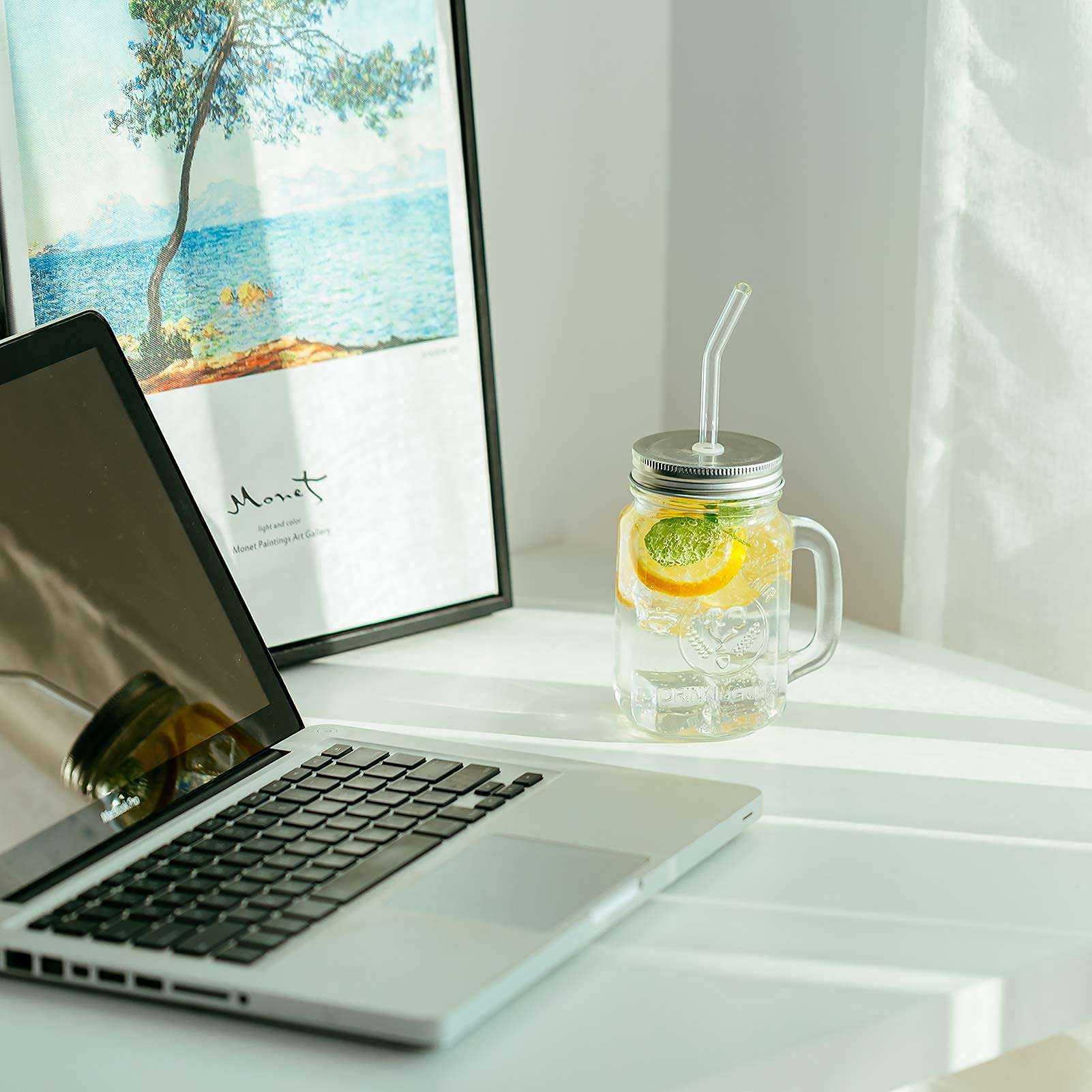 2PCS Mason Jar Lids 17OZ Straw Hole with 3 Reusable Glass Straw, 1 Cleaning Brush Mason Jar Drinking Lids and Straw Boba Cups Coffee Mug Wide Mouth Mason Jars 6