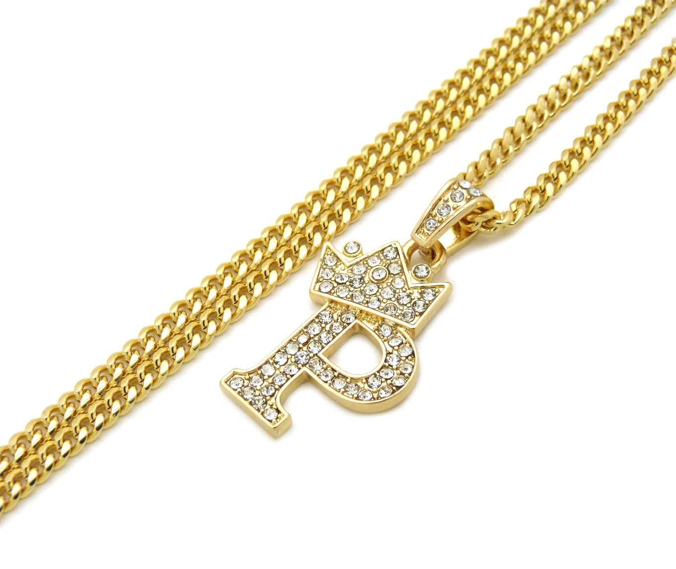 Fashion 21 Unisex Small Size Pave Crown Tilted Initial Alphabet Letter Pendant 3mm 24" Cuban Chain Necklace in Gold, Silver Tone (P - Gold Tone) 3
