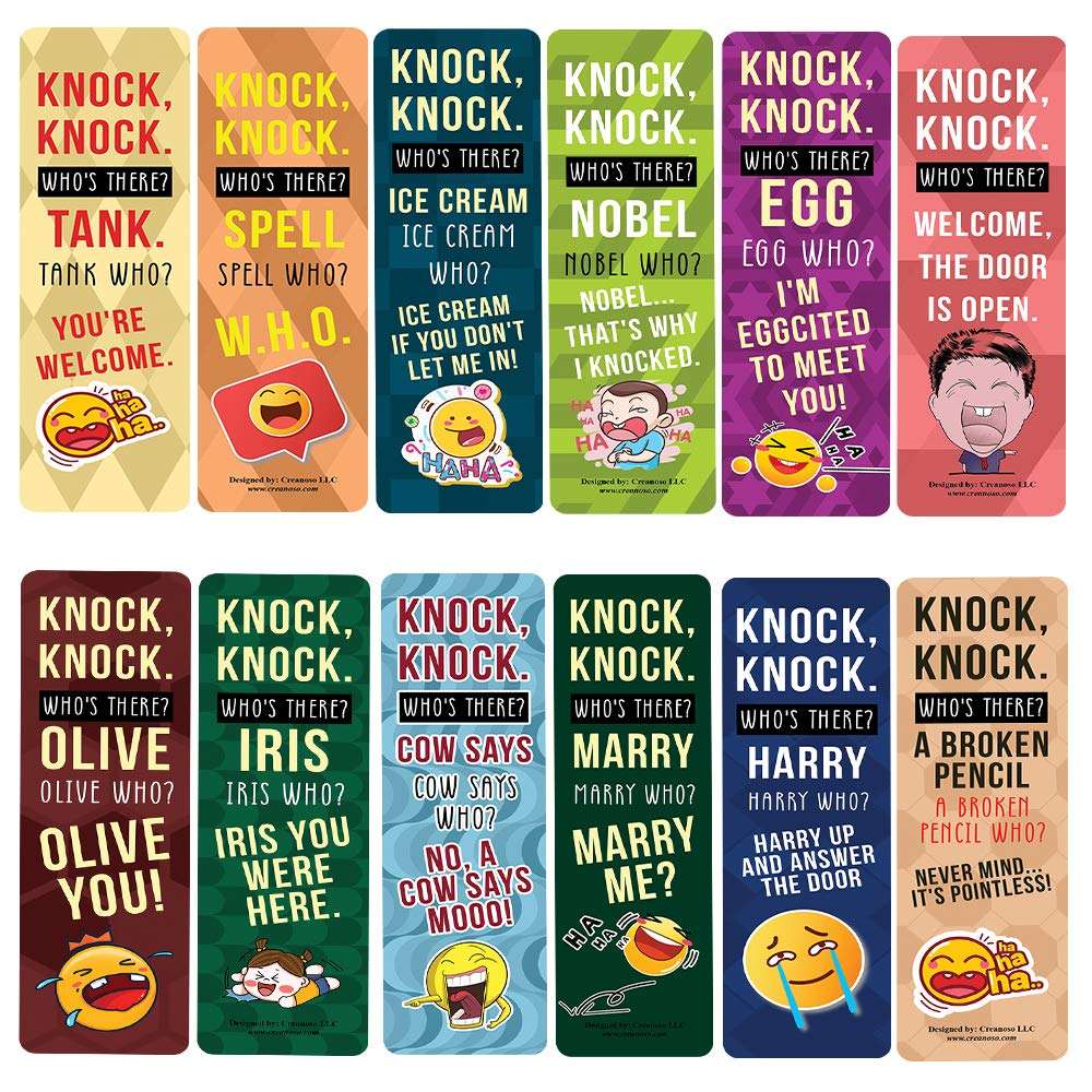 Knock Knock Jokes Bookmarks (60 Pack) - Great Party Favors Card Lot Set – Epic Collection Set Book Page Clippers – Cool Gifts for Children, Boys, Girls