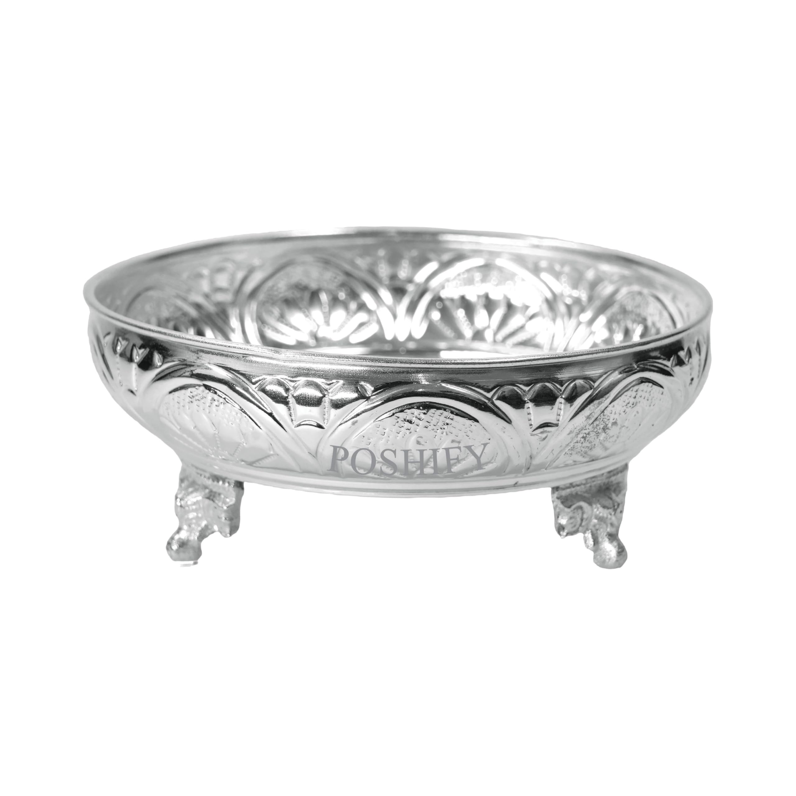 Poshify German Silver Pooja Plate with Leg for Spiritual Growth, Home Decor, Traditional Puja Thali, Aarti Plate, Temple Decoration, Puja Room Essentials, Diwali Decorations, Handcrafted Silverware