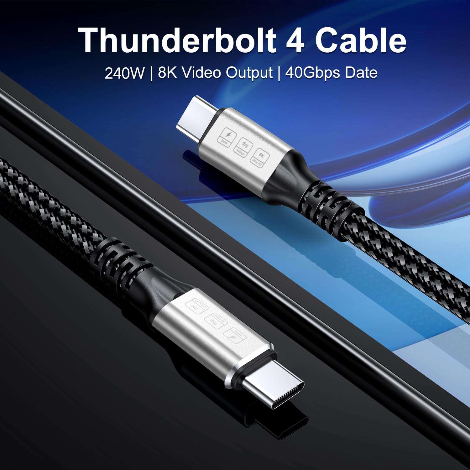 240W Thunderbolt 4 Cablle 6ft USB C Thunderbolt 4 Cable Monitor Cable Supports 40Gbps Data Transfer and Single 8K/Dual 4K Video Compatible with Thunderbolt 4/3 Monitor, Hub, Docking Stations-Silver 4