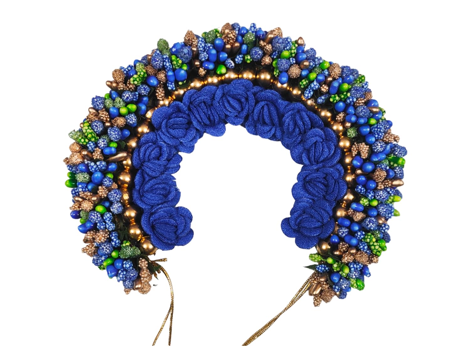 VJP Blue with Green beaded Artificial Flower Gajra 12 inches long for wedding Bridal hair decoration