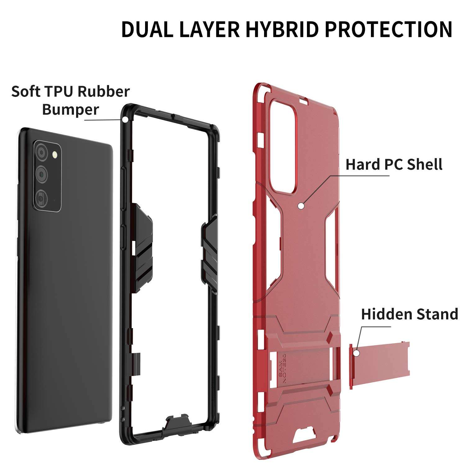 BIBERCAS Kickstand Case for Samsung Galaxy Note 20 5G,Anti-Scratch Shockproof Protective Samsung Note 20 Case,Military Grade Full Body Protection Armor Heavy Duty Case for Galaxy Note 20 2020-Red 6
