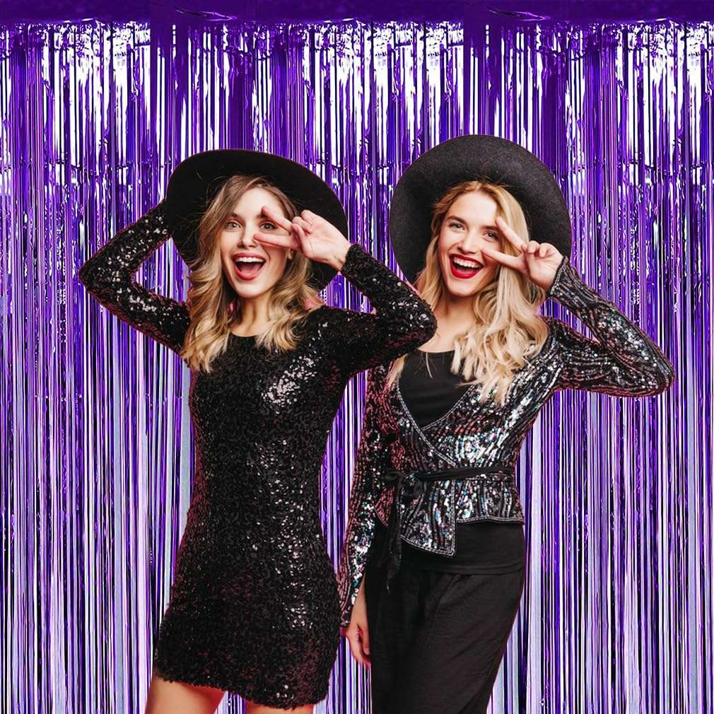 Mardi Gras Carnival Decorations Purple Foil Fringe Curtains, 4PCS 3.28x 8.2FT Tinsel Door Curtains Purple Fringe Backdrop for Wedding Birthday Disco Euphoria Party 5