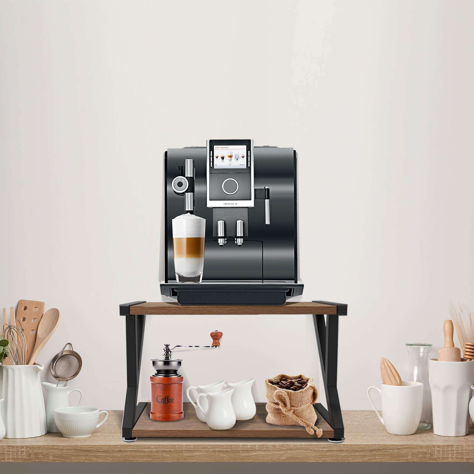 Desktop Printer Stand with 2 Tier Wood Storage Shelves, Rustic Printer Table, Multi-Purpose Desk Organizer for Fax Machine, Scanner, Files, Home Printer Stand with Adjustable Anti-Skid Feet 4