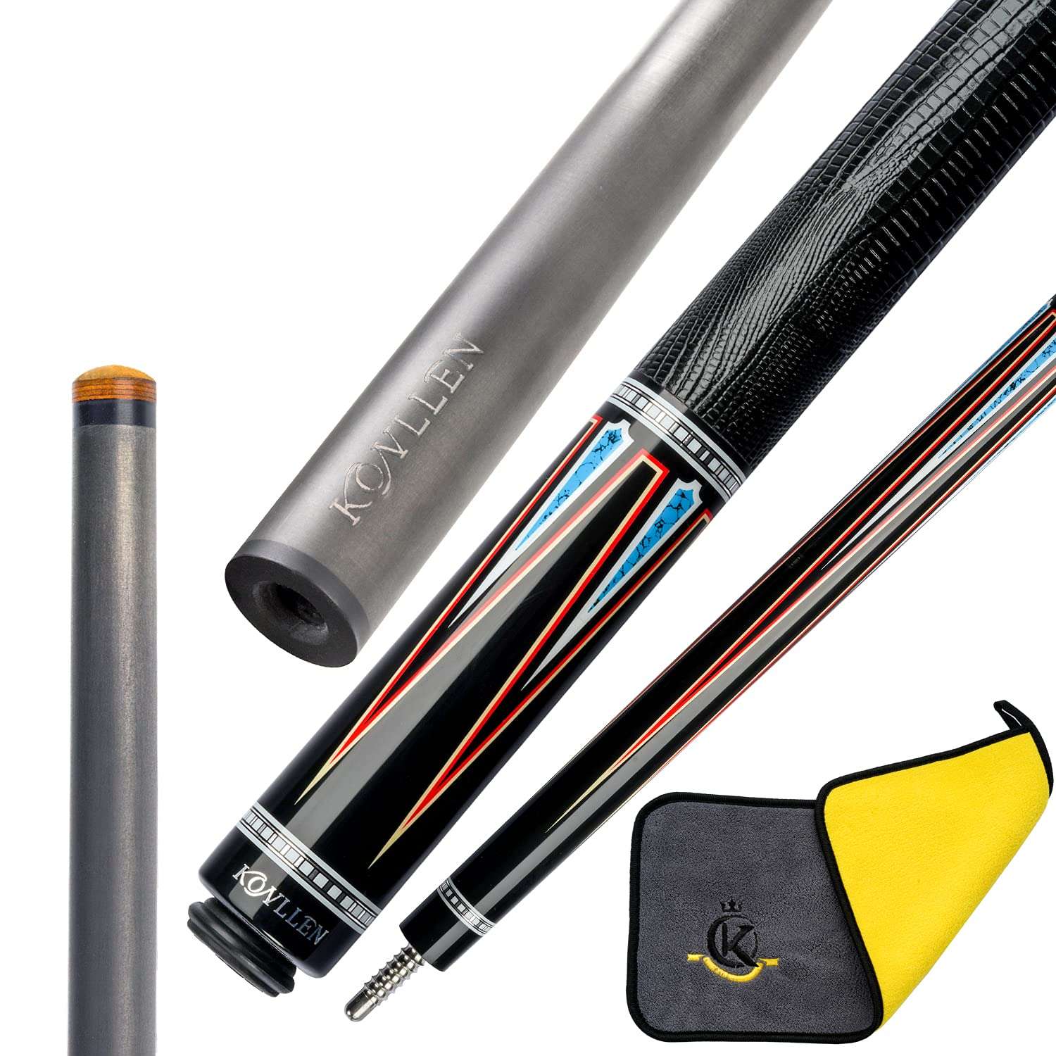 KONLLEN Carbon Fiber Pool Cue Stick Technology Low Deflection Billiard Cue with Towel(12.6-12.8mm Carbon Fiber Shaft, 4 Pieces of Carbon Tubes Inside Butt, Leather Handle, 3/88 Radial Pin Joint)… 1