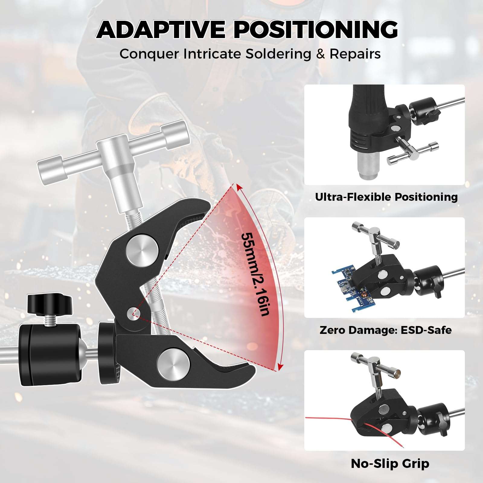 Helping Hands Soldering Clamp with 16" Flexible Arm, 360° Rotating Bracket- Adjustable Clamps for Hold Hot Air Guns, PCB, Welding, DIY, Repairs, and Craft Projects 3