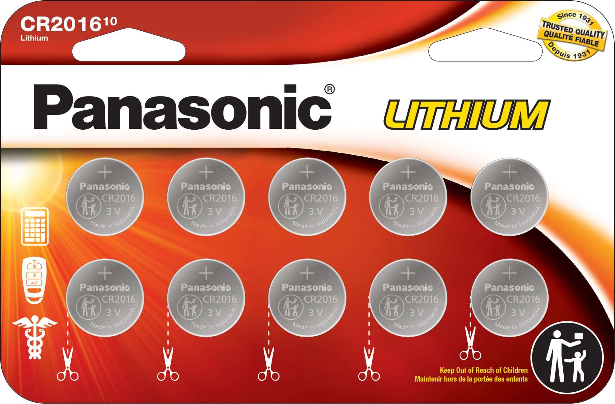 Panasonic CR2016 3.0 Volt Long Lasting Lithium Coin Cell Batteries in Child Resistant, Standards Based Packaging, 10-Battery Pack 1