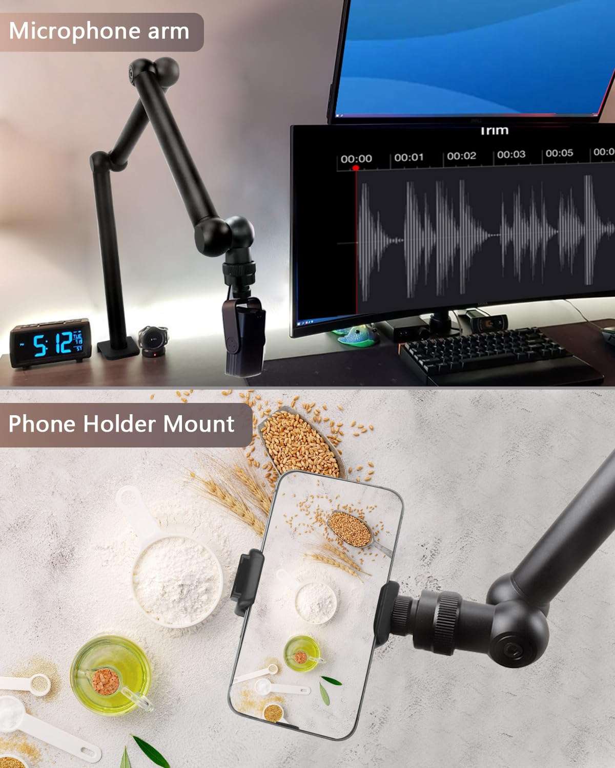 HEMMOTOP Magic Arm Desk Mount/Clamp, 28" Adjustable Camera Arm for iPad, Overhead iPhone Mount, for Yeti Snowball Microphone, Light, Webcam, Action Camera AS05 6