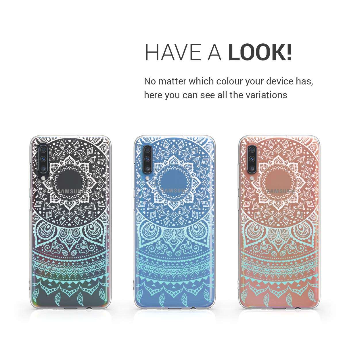 kwmobile Clear Case Compatible with Samsung Galaxy A70 - Phone Case Soft TPU Cover - Indian Sun Mint/White/Transparent 4