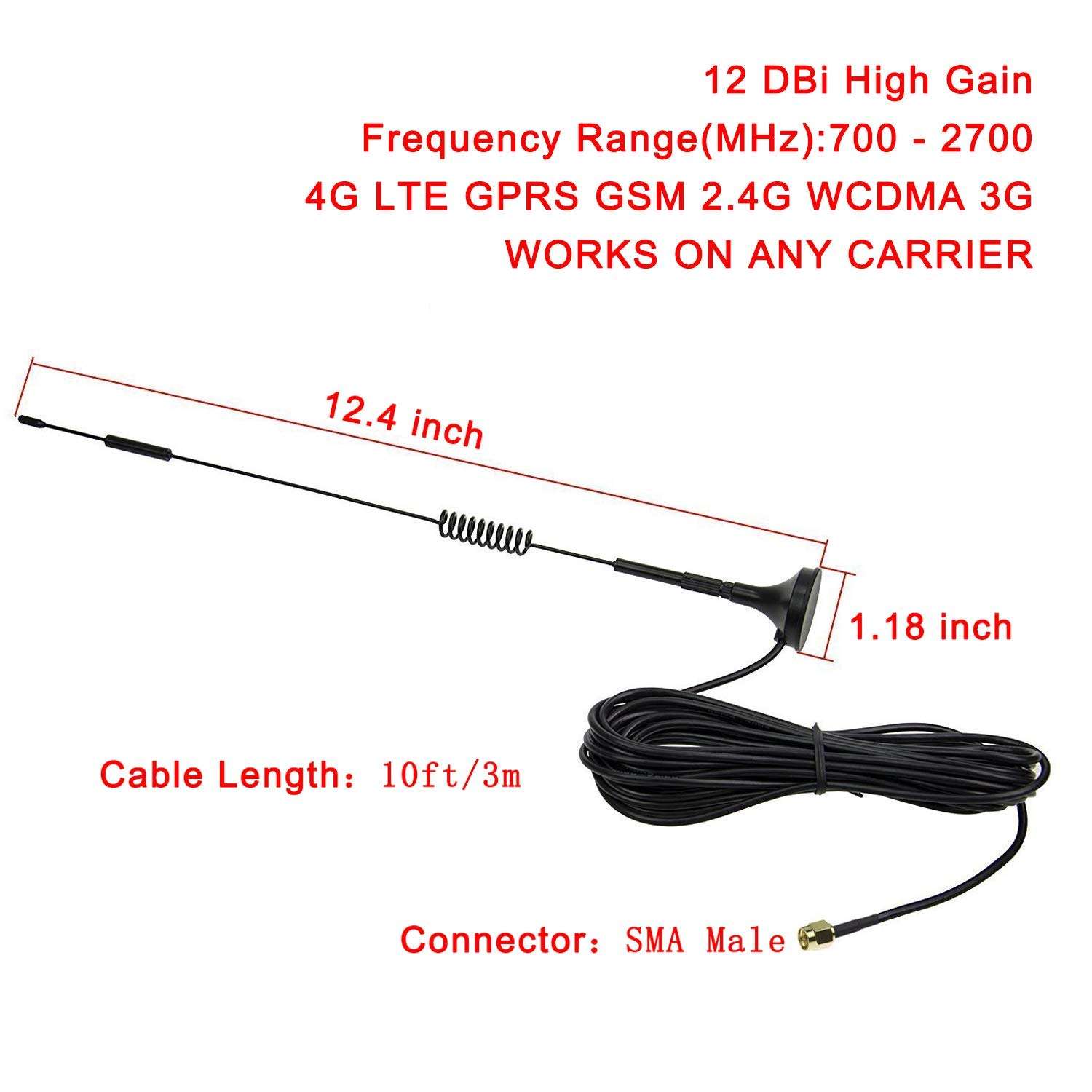 (2Pack) 4G LTE Antenna 12Dbi 700MHz/2700MHz Cellular Antenna Magnet Mount with SMA Male Connector GPRS GSM 2.4G WCDMA 3G External 2