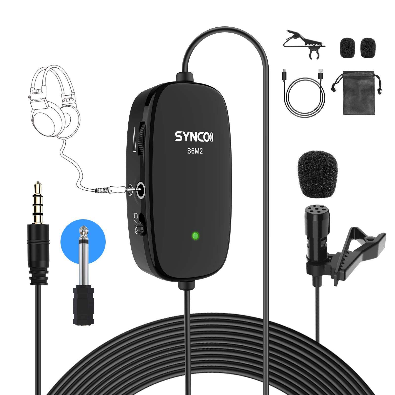 SYNCO Lav-S6M2 Lavalier Lapel Microphone, Omnidirectional Mic with 3.5mm Audio Monitorig Port for Smartphone PC Camera DSLR, 6M/19.7FT Cable for YouTube, Interview, Conference, Live Broadcast 1