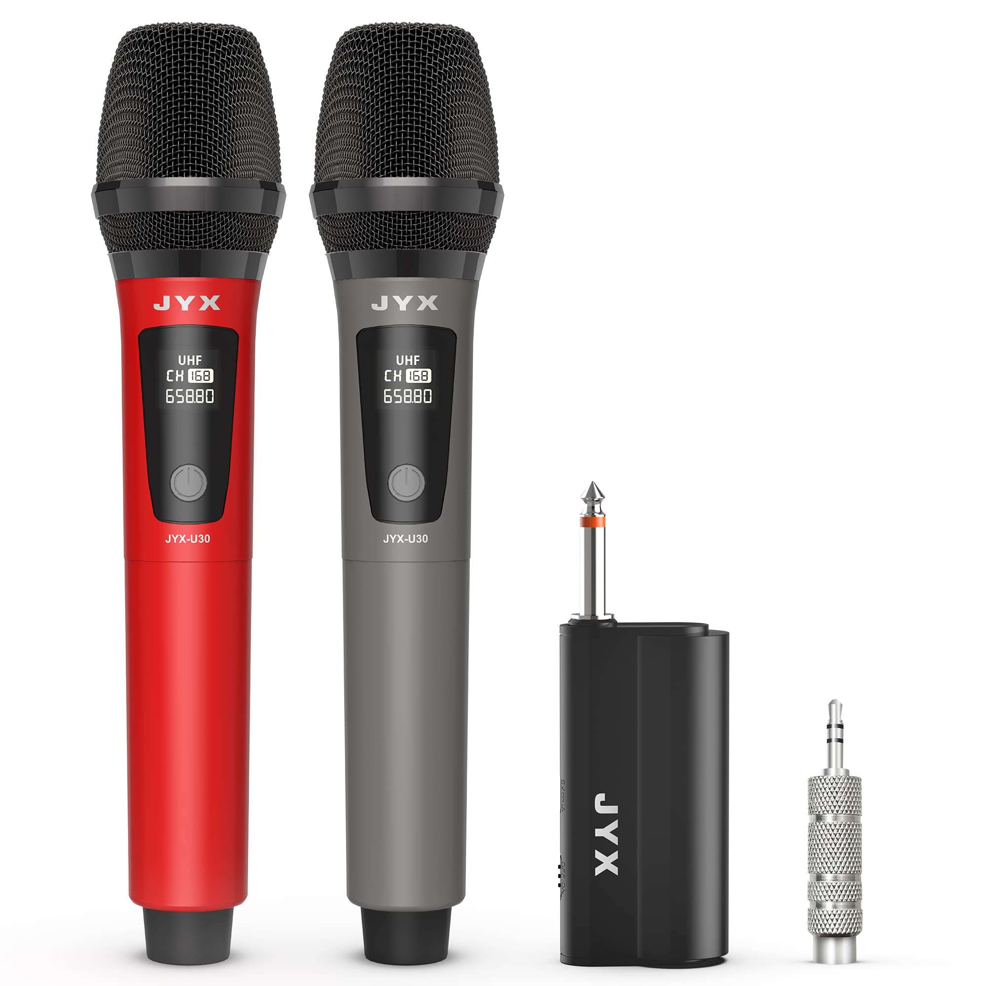 JYX PartyBox Wireless Microphone, Dual UHF Handheld Dynamic Mic with Receiver, 6.35mm(1/4") Output, 3.5mm(1/8") Adapter, Clear Voice, Rechargeable Battery Karaoke Mics Compatible with All Speakers 1