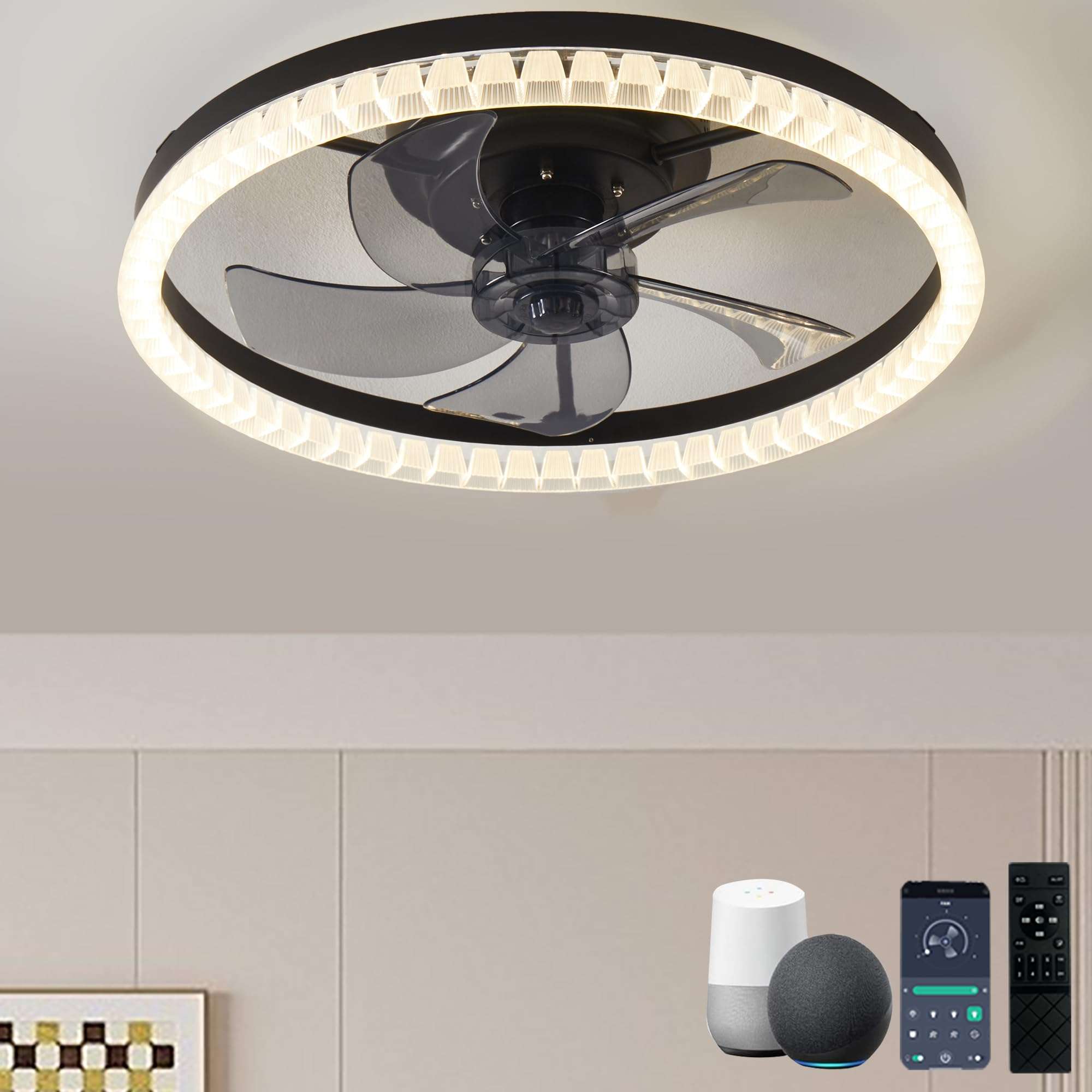 MARKYEE Alexa Modern Ceiling Fan with Light, 3000K-6500K dimmable LED Ceiling Fan Light, Living Room Dining Room Bedroom Round 19.7in/50cm Black 3