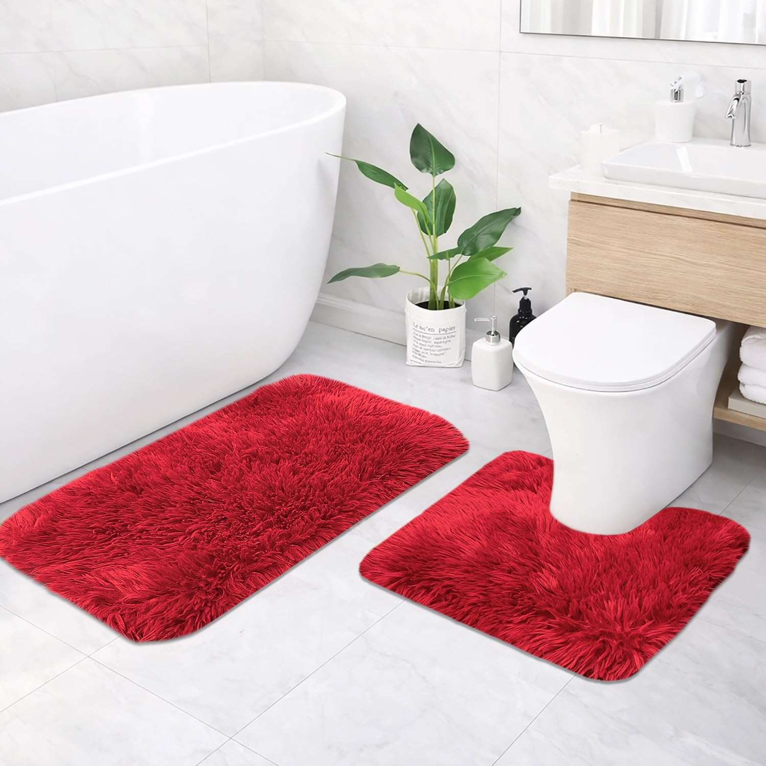 LUXE HOME INTERNATIONAL Marino Fur Contour Bath Mat – Washable, Anti Skid, Water Absorbent Contour Mats for Bathroom, Toilet, Wash Basin & Bathroom Contour Mat Set of 2(Maroon 40x60 cm & 40x45) 4