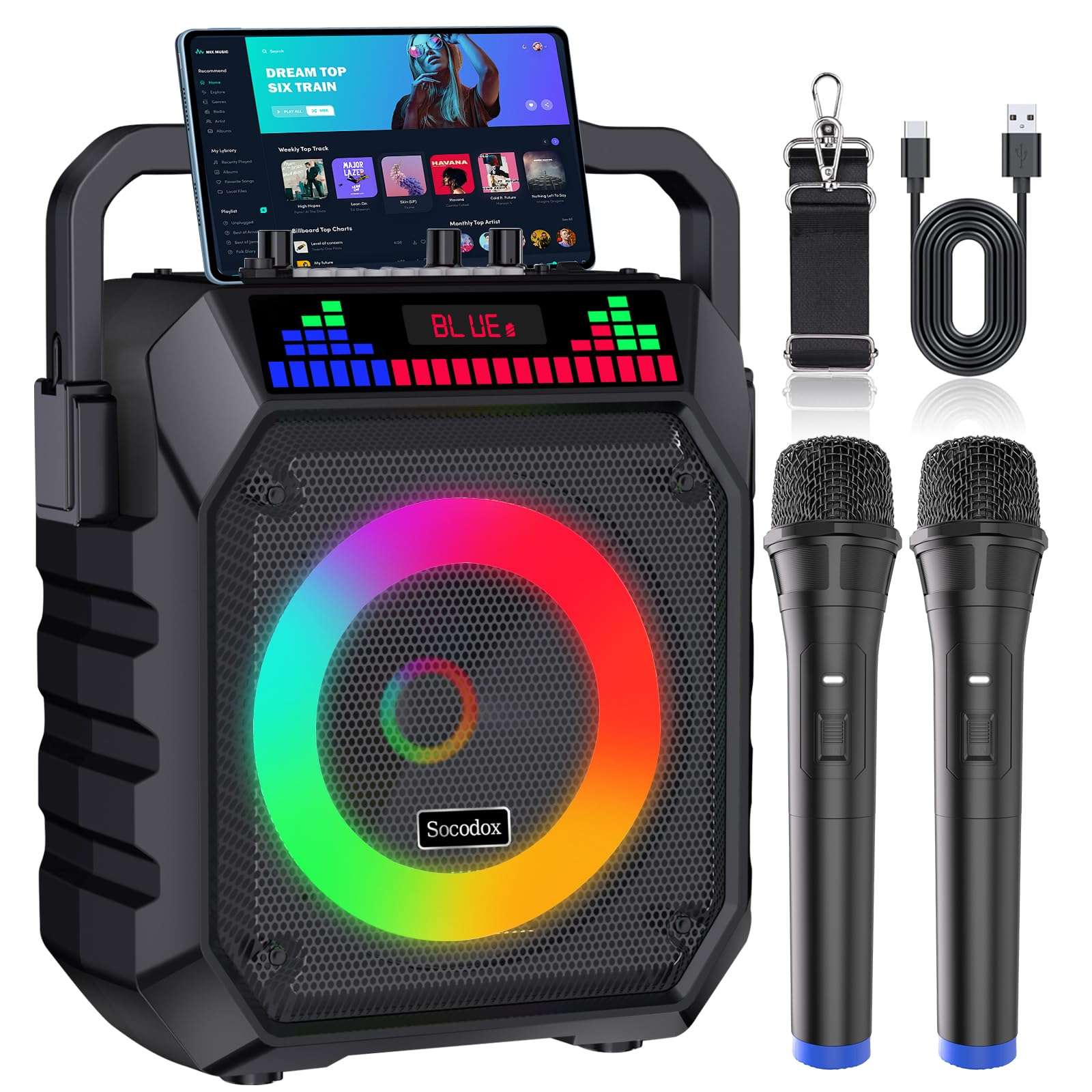 Karaoke Machine for Adults & Kids, Portable Bluetooth Speaker with 2 Wireless Microphones and RGB Lights, Home Karaoke PA System Supports Bluetooth/USB/TF/AUX for Family Party & Outdoor Fun 1