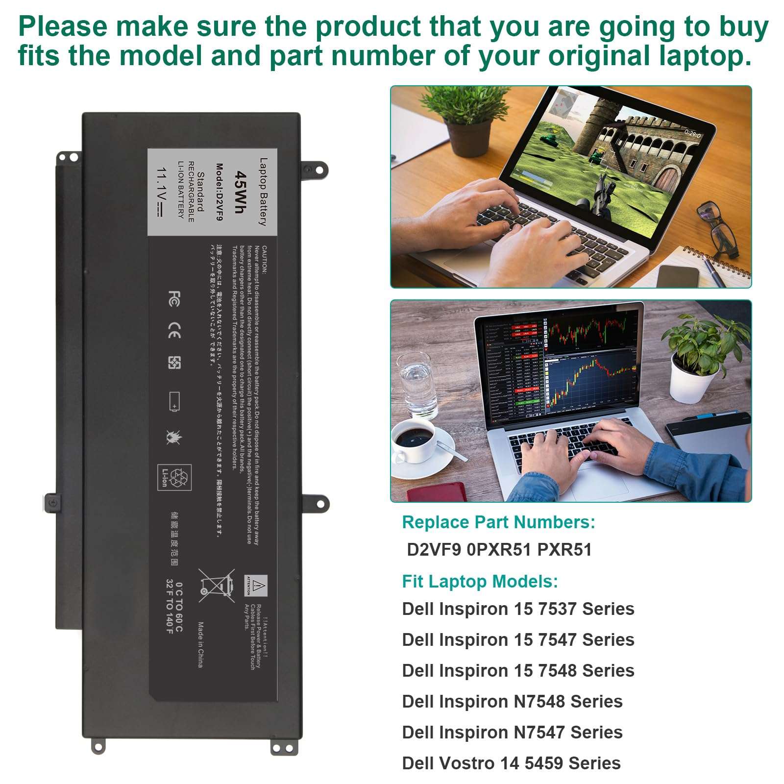 Fancy Buying New Laptop Battery Replacement for Dell Inspiron 15 7547 7548 D2VF9 0PXR51 PXR51-11.1V 45WH 5