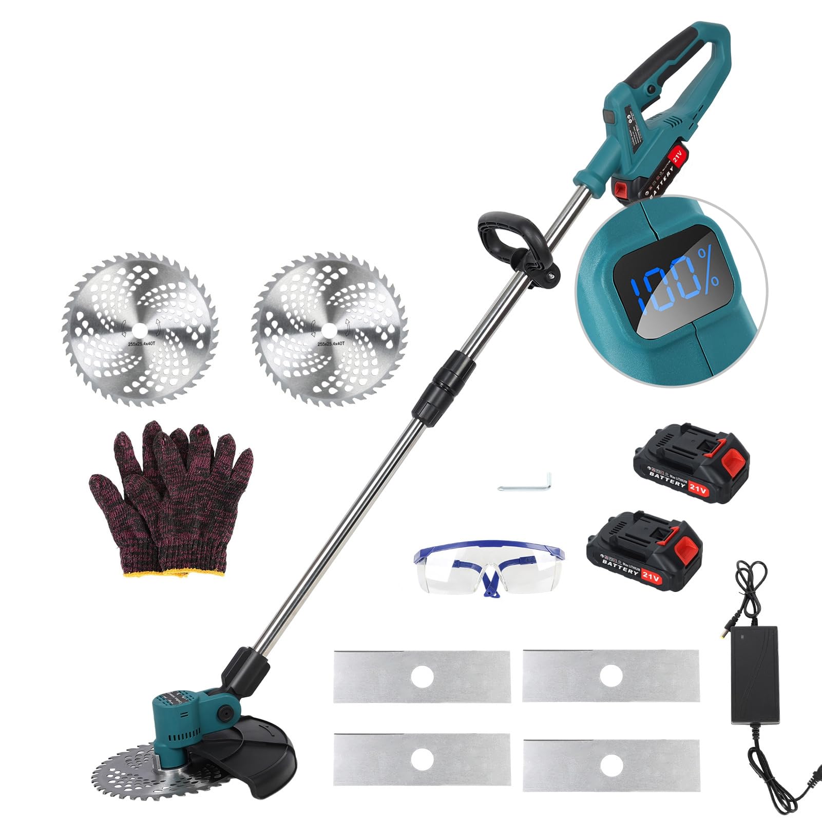 qofezuey 21V Weed Wacker, Electric Weed Eater, Cordless String Trimmer with 1 Charger and 2 X 2.0Ah Battery, Retractable Weed Eater, Rechargeable Handheld Lawn Mower for Lawn, Garden Navy Blue 9 Inch