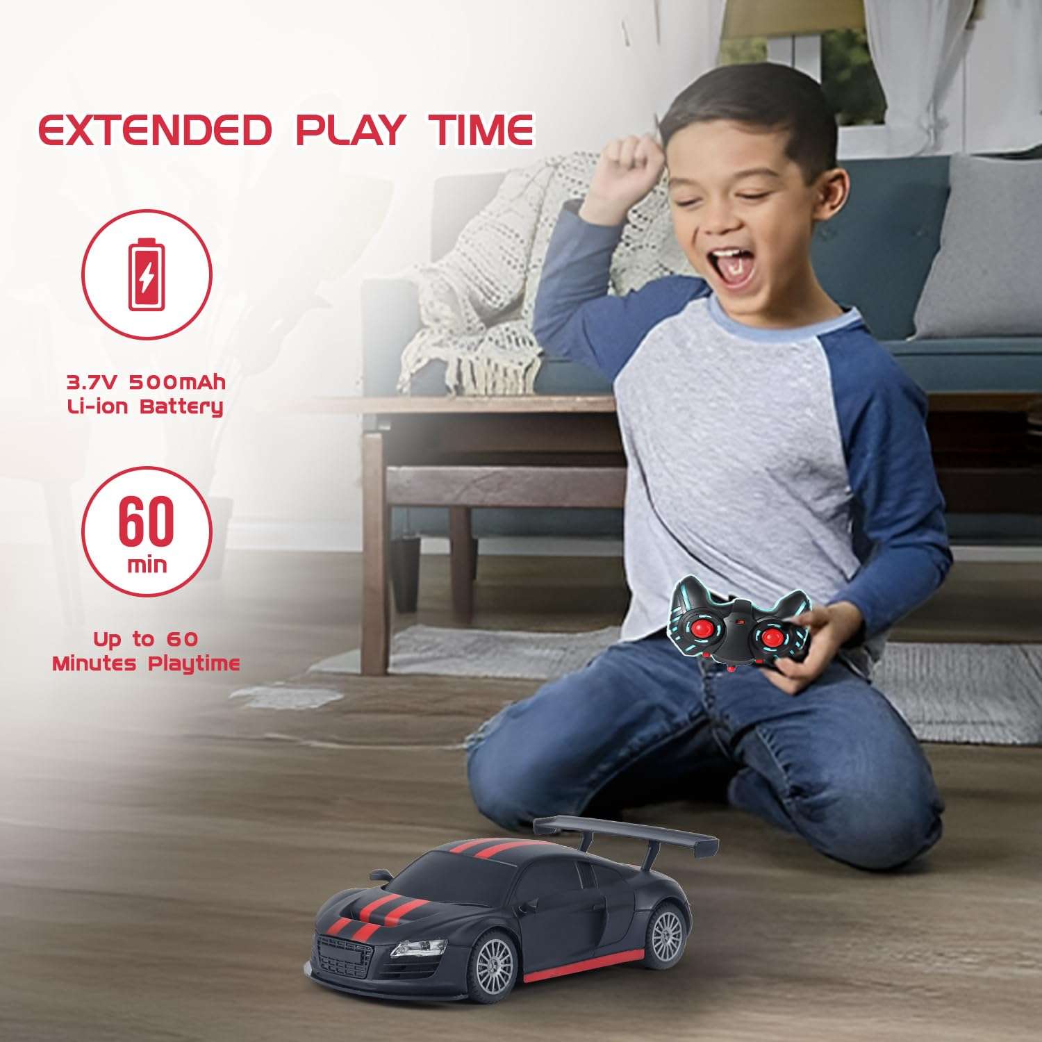 Amazon Brand - Jam & Honey Remote Control Car for Kids | High-Speed RC Car with Rechargeable Lithium Battery | Type-C Charging | LED Headlights | Black&Red 5