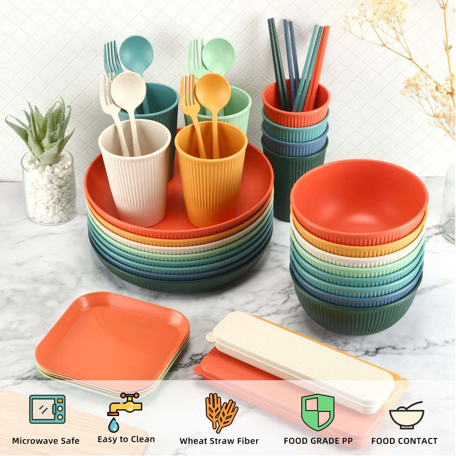 Sets of 8 Wheat Straw Dinnerware (64 Pcs) Microwave Safe Unbreakable Plates Bowls Cups Sets with Cutlery Utensils Colored Lightweight Plastic Dinnerware for Kids Adults Camping Picnic Dorm RV Kitchen 4