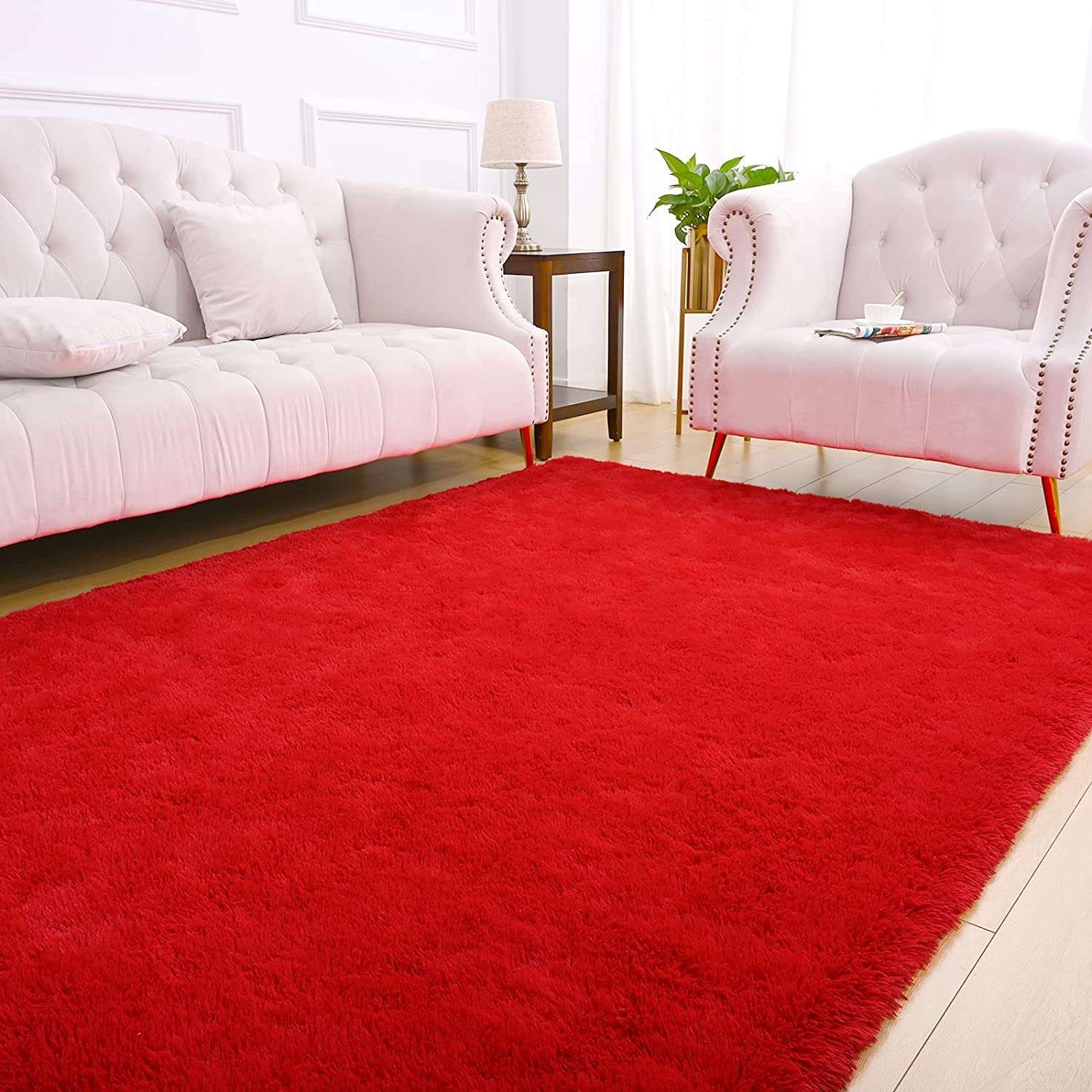 SRHandloom Shaggy Living Room Carpets | Microfibre Anti-skid Kalin Carprts and Runners for Hall, Living Room, Bedroom | 2 inch Medium Pile Fluffy Carpets Red 4 x 6 Feet 1