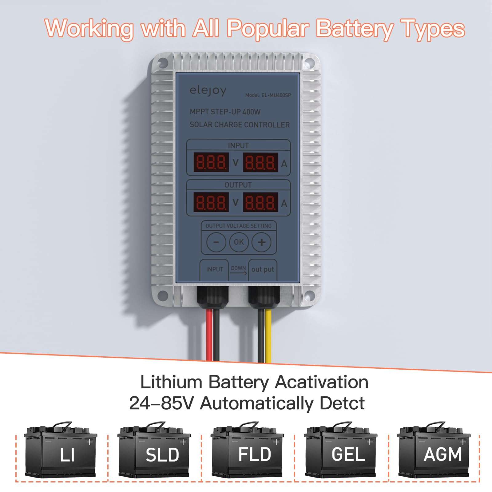 ELEJOY 15 Amp 400W MPPT Step-UP Solar Charge Controller 99% Adjustable Output Lithium LiFePO4 Lead-Acid Gel Sealed Flooded Battery LED Display IP65 Waterproof Outdoor 6