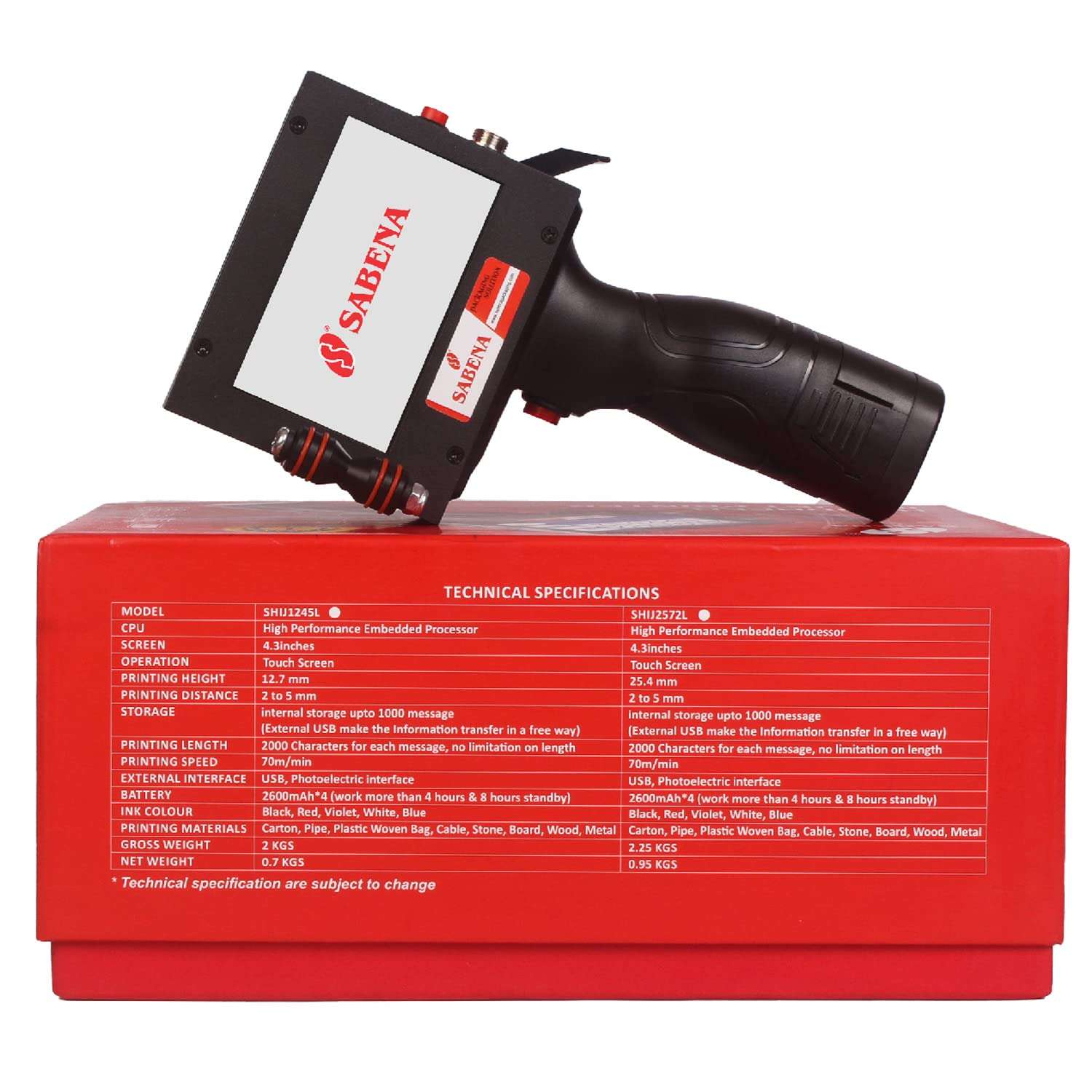 SABENA Portable Handheld Printer with 3.5 inch Touch Screen, Hand Held Inkjet and Ink Cartridge-Coding Machine for Label Barcode Variable Data etc Multi Languages Support (INKJET PRINTER)