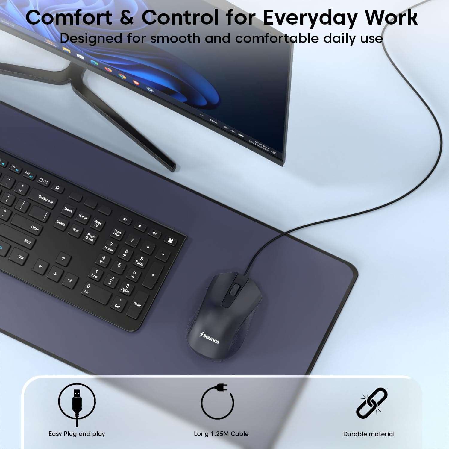 Sounce Pixel Wired Mouse with 1200 DPI Optical Sensor, USB Plug & Play, 1.25M Cable, Smooth Control, 50 Lakh Click Life for Laptop, Desktop & PC (Black) 6