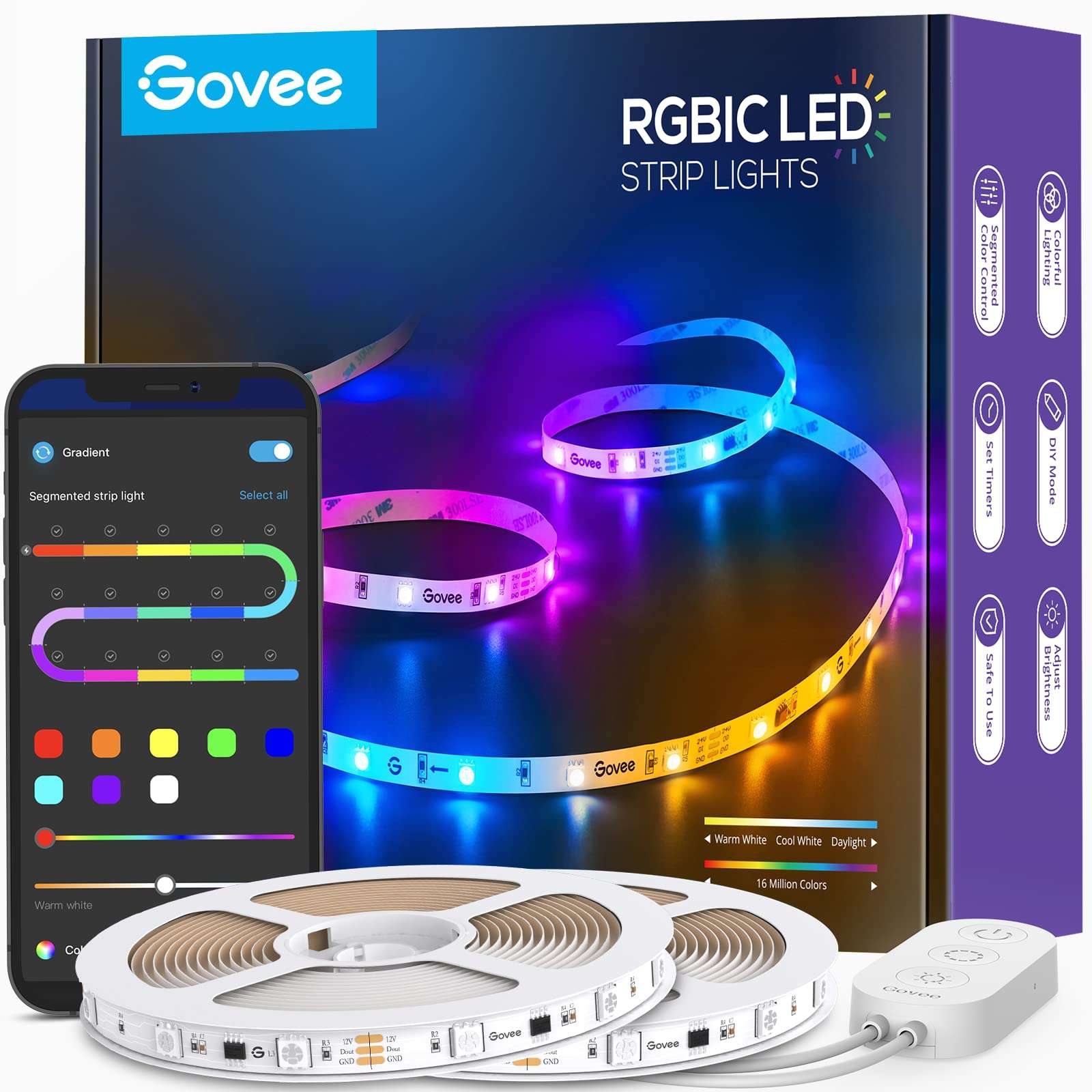 Govee 65.6ft RGBIC LED Strip Lights Bundle Smart Light Bulbs 3
