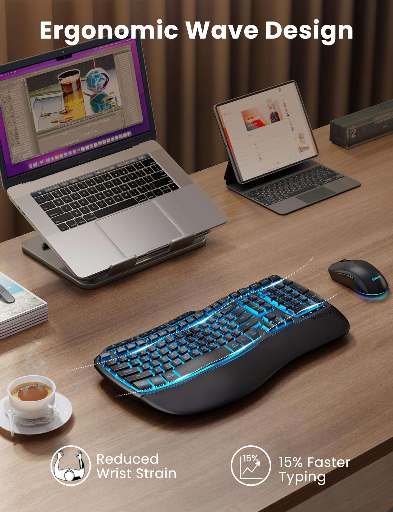 Ergonomic Wireless Keyboard and Mouse Combo, Rechargeable 4000mAh Backlit Keyboard with a Soft, Faux Lambskin Palm Rest, Wave Keys for Natural Typing, Compatible with Windows/Mac/Chromes OS—SABLUTE 3