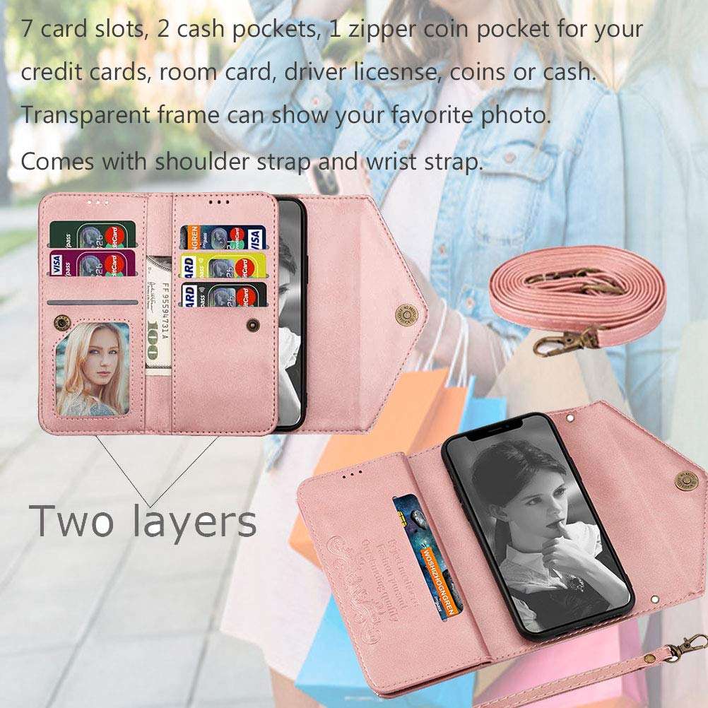 Harsel 7 Card Slots PU Leather Crossbody Wallet Women Purse Magnetic Closure Zipper Kickstand Folio Flip Handbag Case Protective Cover with Shoulder Strap for iPhone 11 Pro (Rose Gold) 2