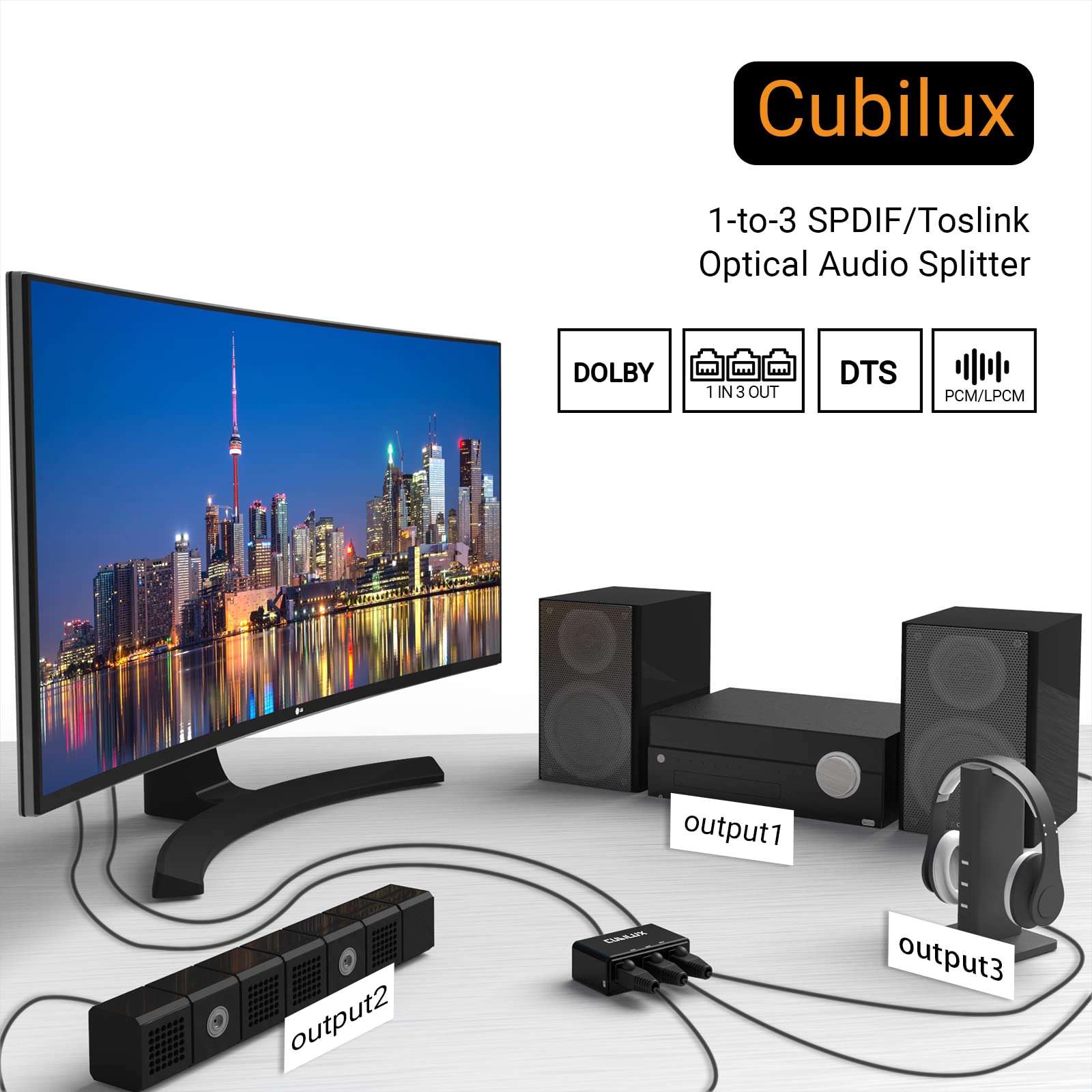 Cubilux 1-in 3-Out S/PDIF Splitter [Ultra-Low Jitter, USB C Powered] 3-Way Toslink Optical Audio Adapter for HDTV, Xbox One/360, PS4/PS3, CD/DVD/Blu-Ray Player, Home Theatre, Headphones, Soundbar 3