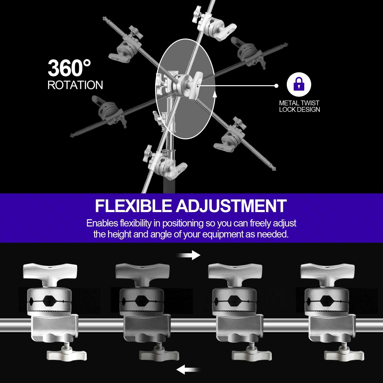 WELLMAKING Heavy Duty Grip Head 2.5inch Swivel Head Holder Adapter, Multi Functional Clamp Duty for Light Stand, Extension Boom Arm and Other Photographic Equipment with 1/2,1/4,3/8,5/8-inch Mount 5