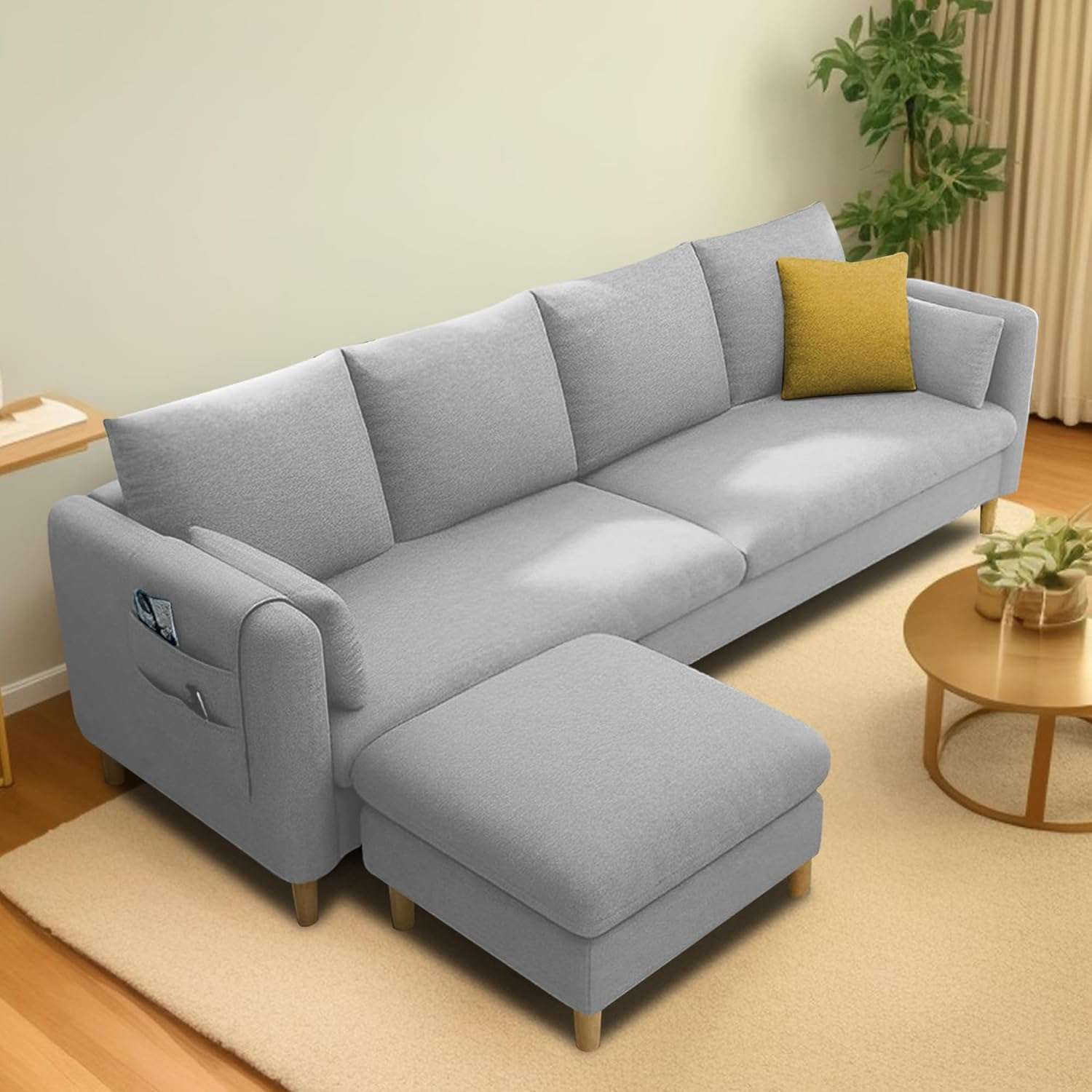 GRAPEWOOD Globin 3 Seater Sofa with Center Table Set for Living Room (Turquise) Premium Fabric Sofa (Grey)