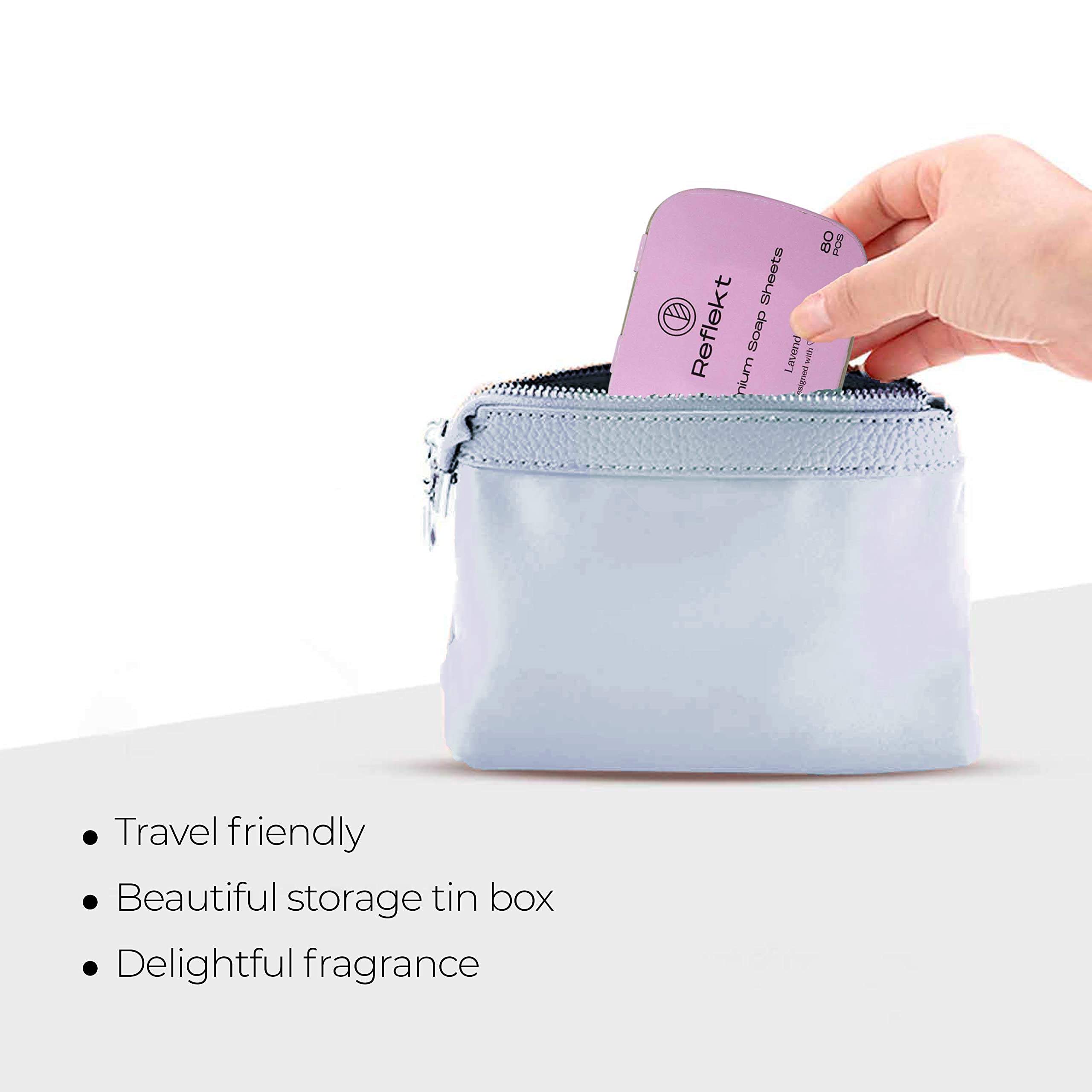 Reflekt Premium Moisturising Paper Thin Hand Soap Sheets in Tin Box, Travel Essentials for Men & Women, Easy to Carry while Travelling with Zero Waste Plastic Free Strips (Lavender, Pack of 80) 5
