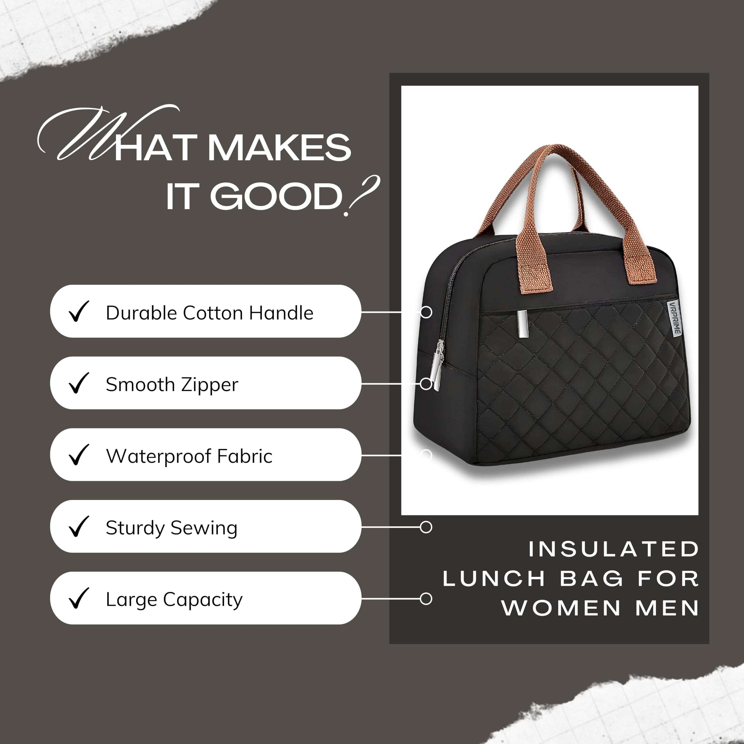 VR PRIME Lunch Bags – Insulated Tiffin Bag for Office for Men and Women – Keeps Food Hot or Cold – Perfect for School, Office, and Outdoor Use – Spacious for Tiffin Box and Bottle (Black) 6