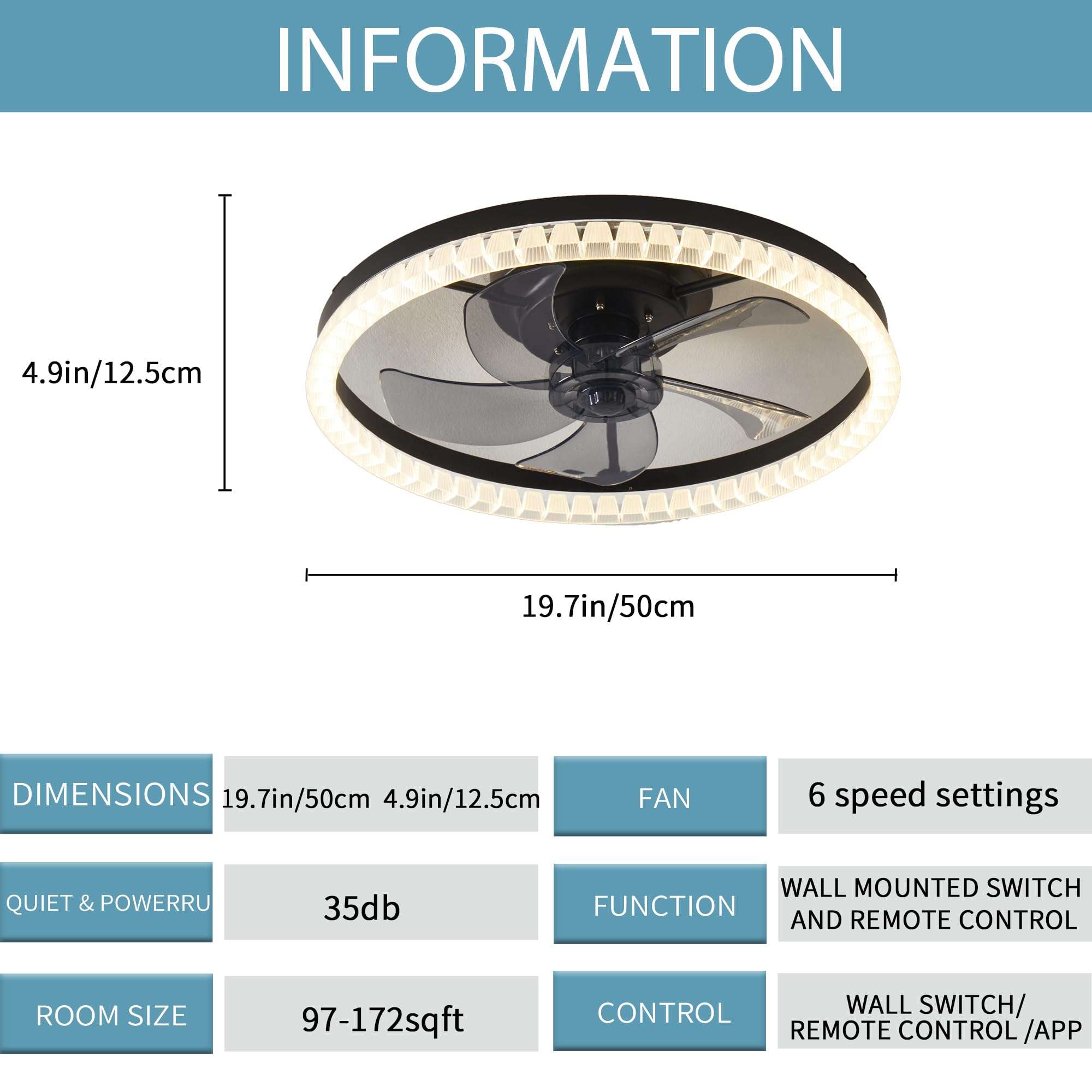 MARKYEE Alexa Modern Ceiling Fan with Light, 3000K-6500K dimmable LED Ceiling Fan Light, Living Room Dining Room Bedroom Round 19.7in/50cm Black 6