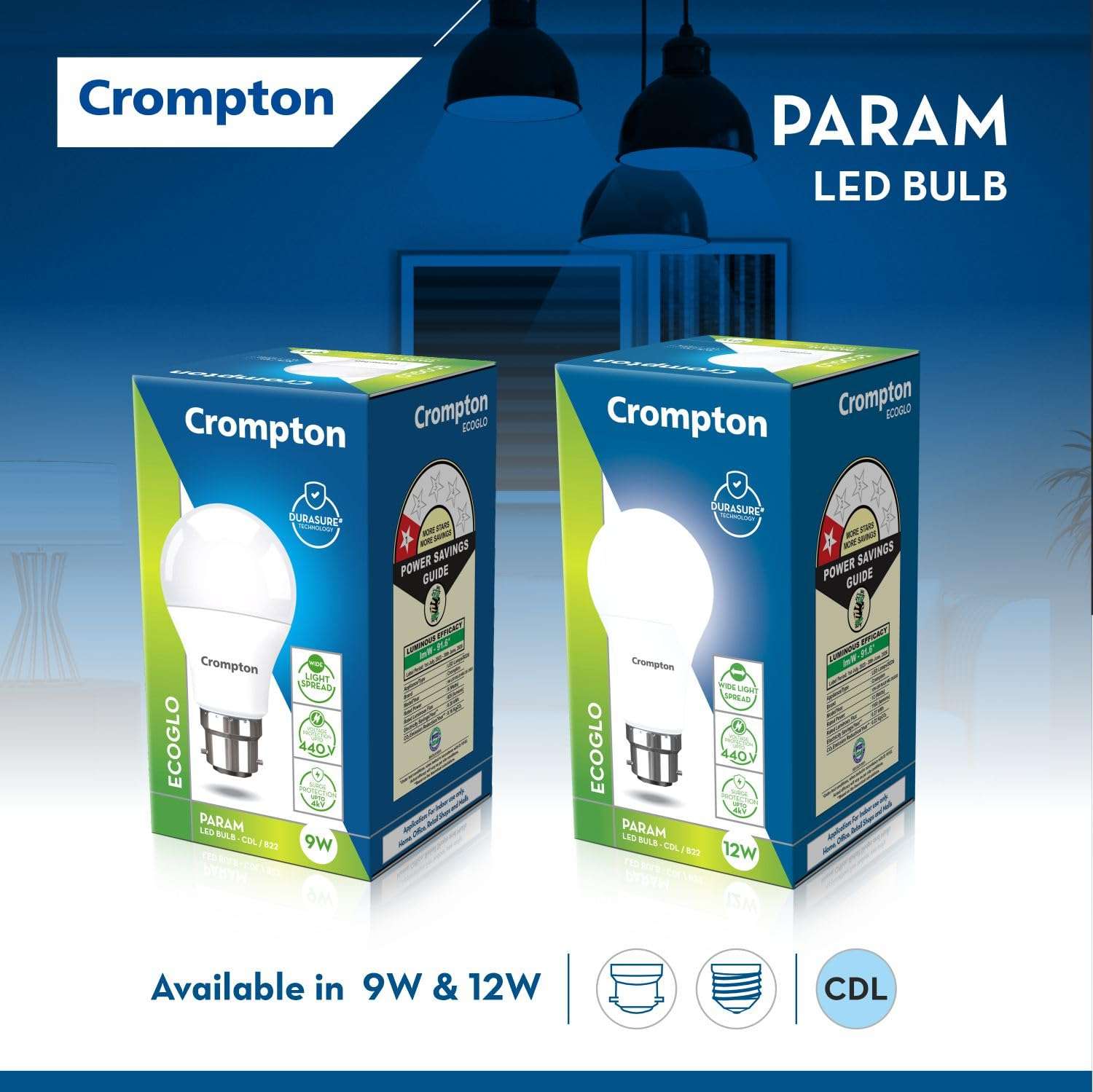 Crompton Param LED Bulb | 12W | Cool Day Light | B22 Base | 180 Degree Coverage | 4kV Surge Protection | 440V High Voltage Protection | Pack of 8 6