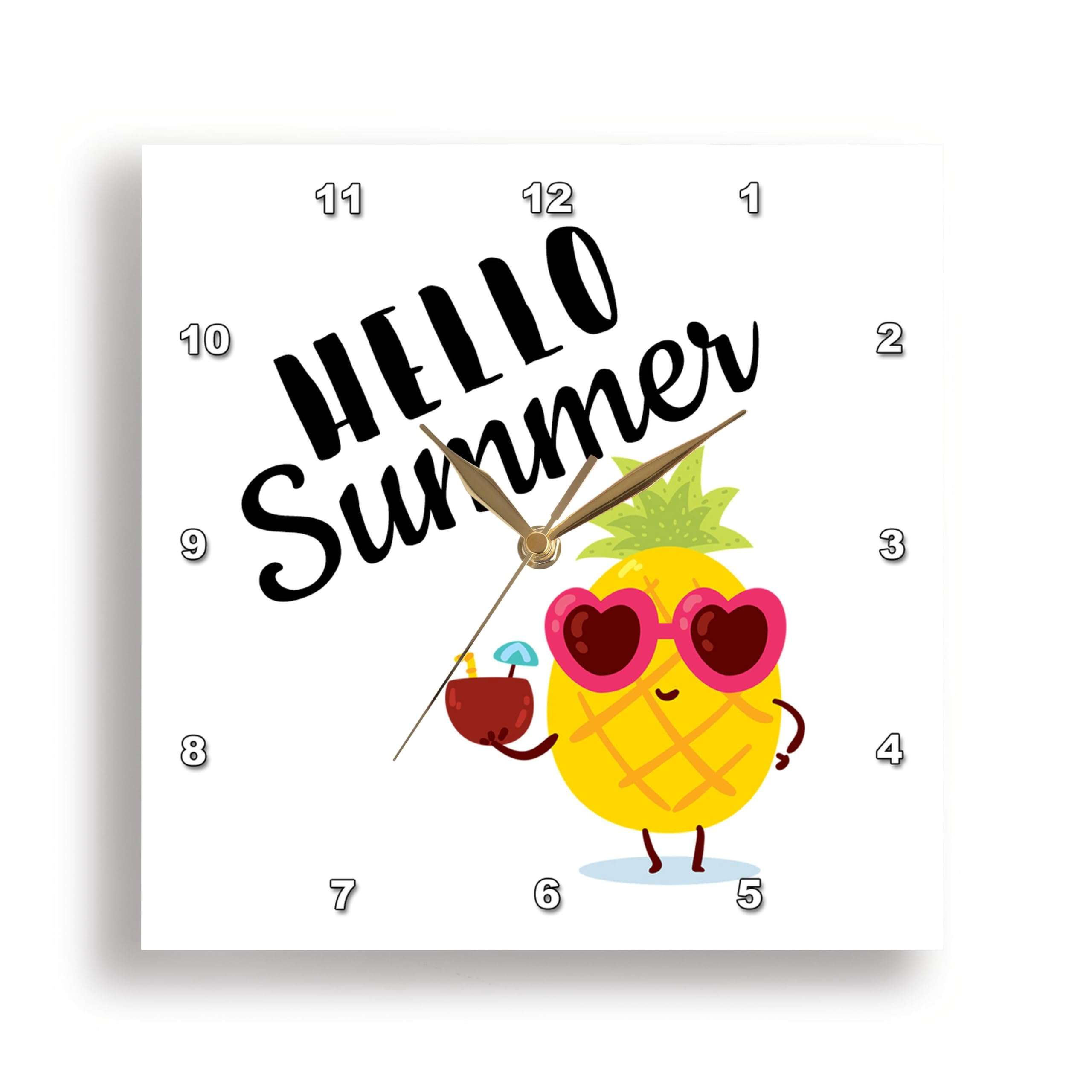 3dRose Wall Clock Silent - 10 inch - Hello Summer. Black Lettering with Cute Pineapple on White Background. - Stamp City - Typography 2
