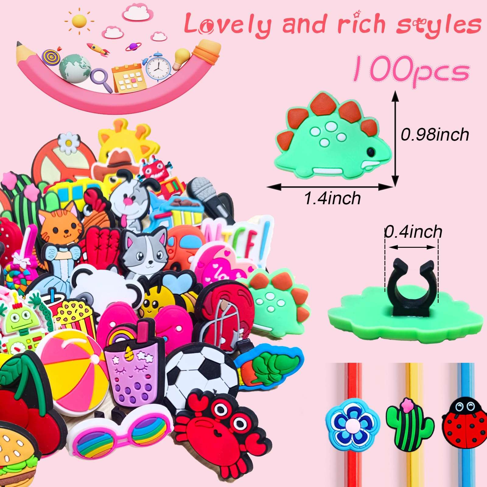 100 PCS Cute Pencil Topper Decoration,Kawaii Pen Straw Clips Decor Accessories,Pencil-Top Charms for Pupil,Junior,Kids,School Supplies,Classroom Reward,Prizes,Gifts,Bulk Random Different Cartoon 3